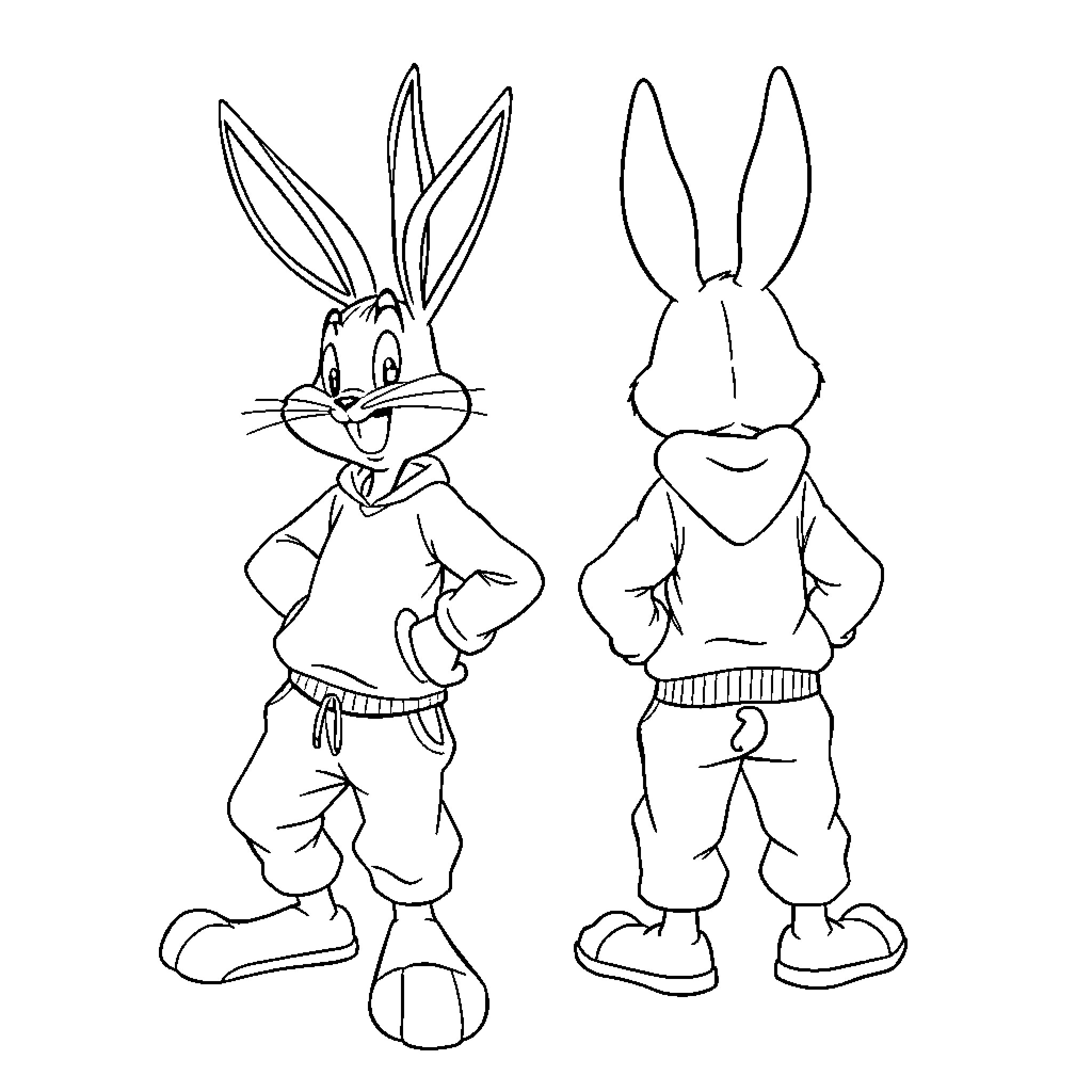 Bugs Bunny in Various Poses and Outfits Coloring Page (free black-and-white line drawing printable PDF for all, from beginners to advanced learners, including children, teens, adults, and seniors)