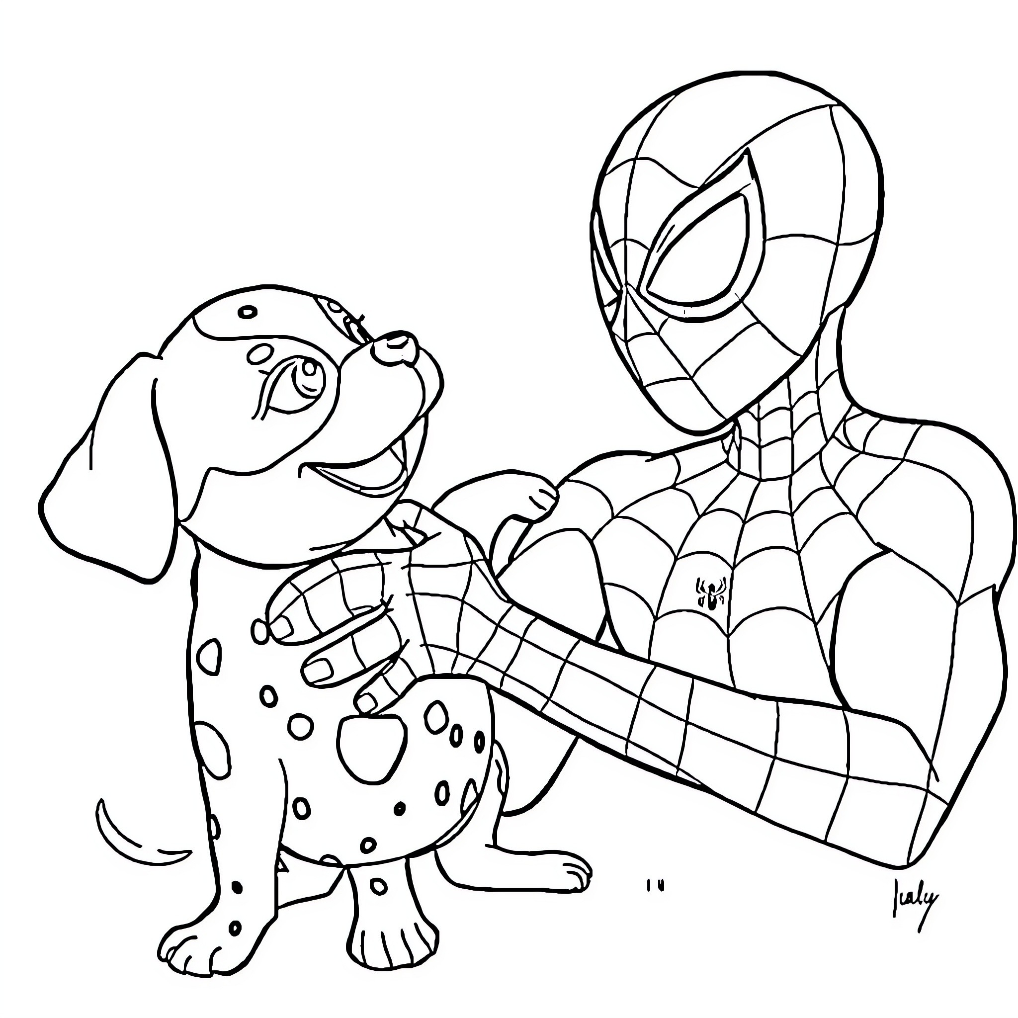 Spider-Man playing with a spotted puppy Coloring Page (free black-and-white line drawing printable PDF for all, from beginners to advanced learners, including children, teens, adults, and seniors)