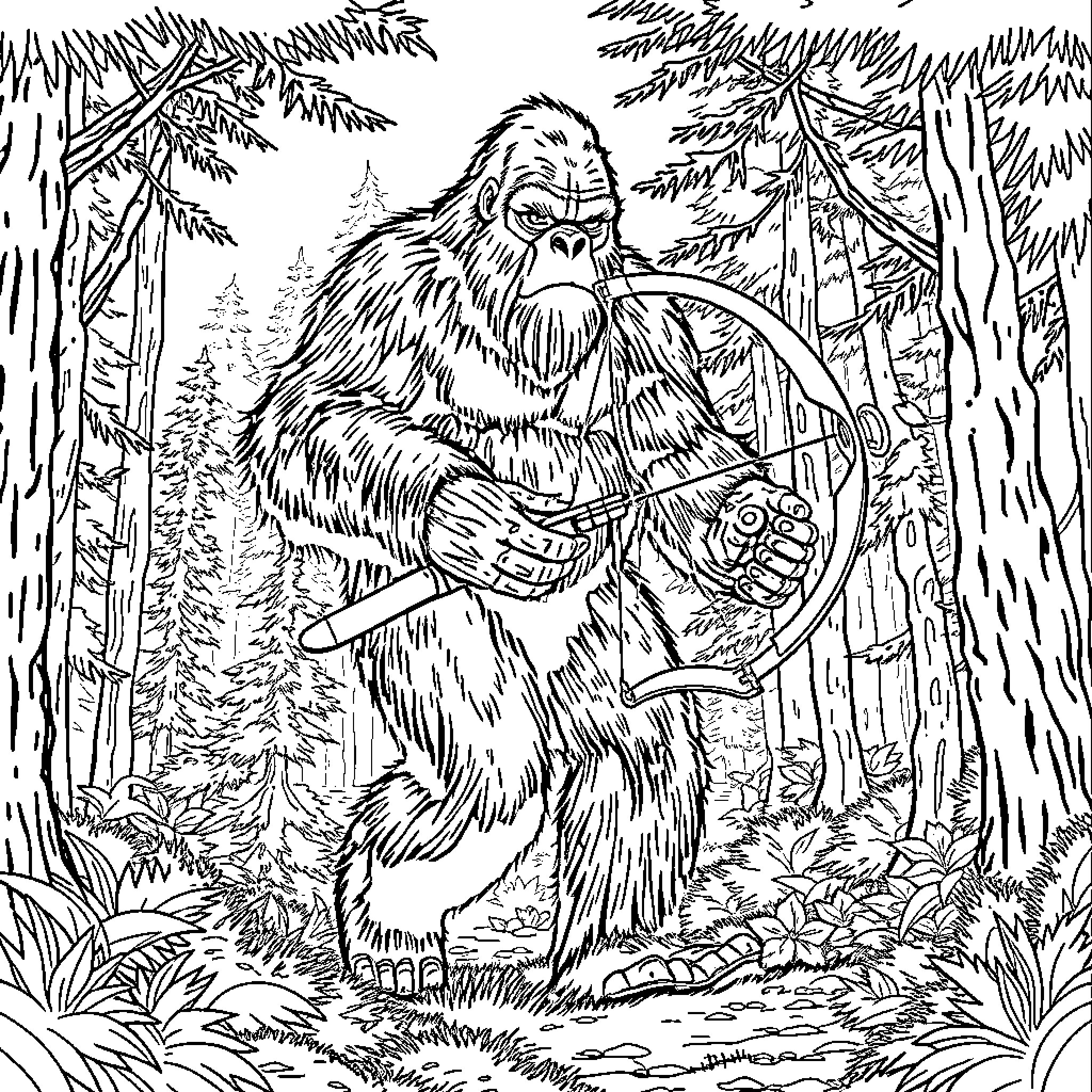 Bigfoot exploring the forest with his trusty bow Coloring Page (free black-and-white line drawing printable PDF for all, from beginners to advanced learners, including children, teens, adults, and seniors)