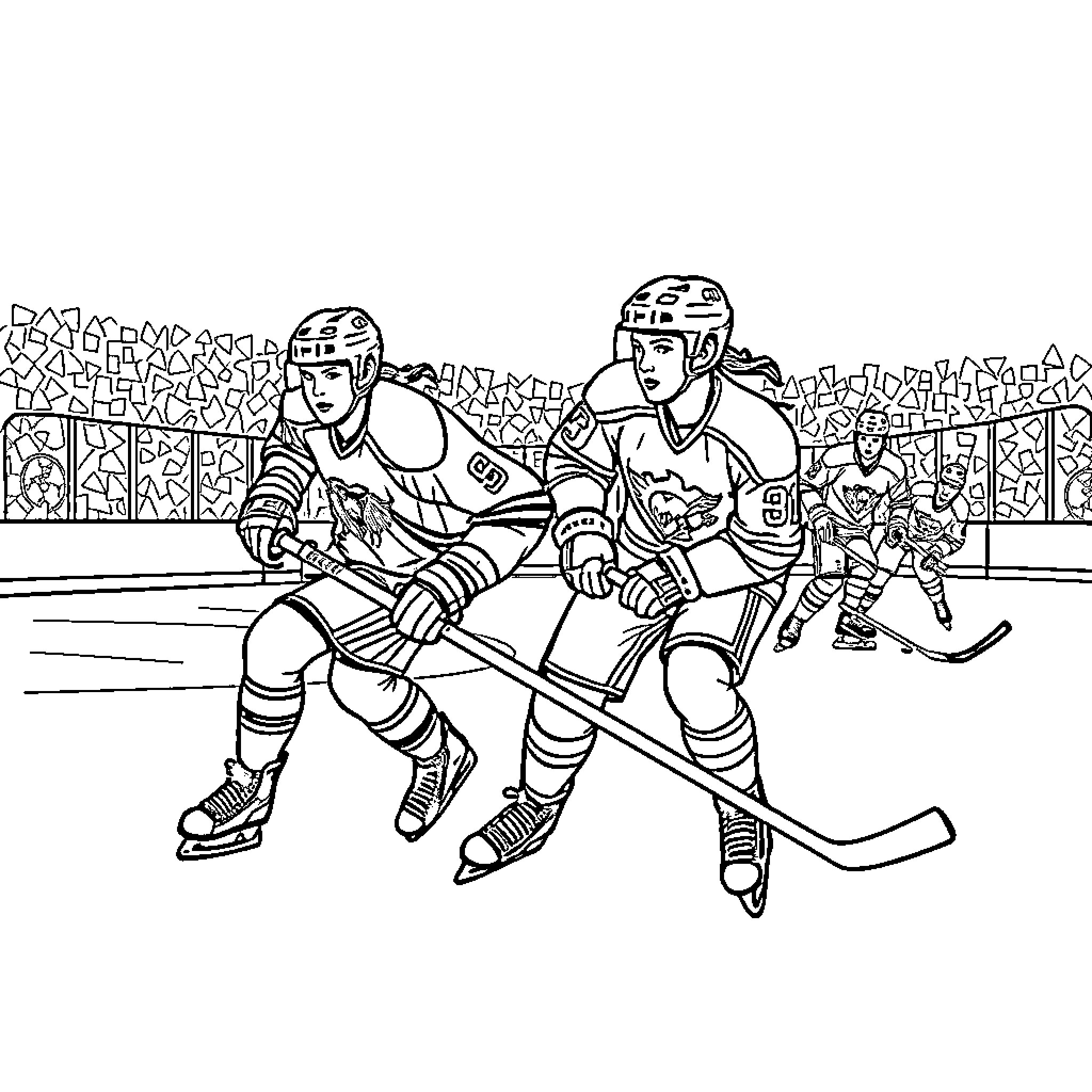 Ice Hockey Players in a High-Energy Game Coloring Page (free black-and-white line drawing printable PDF for all, from beginners to advanced learners, including children, teens, adults, and seniors)