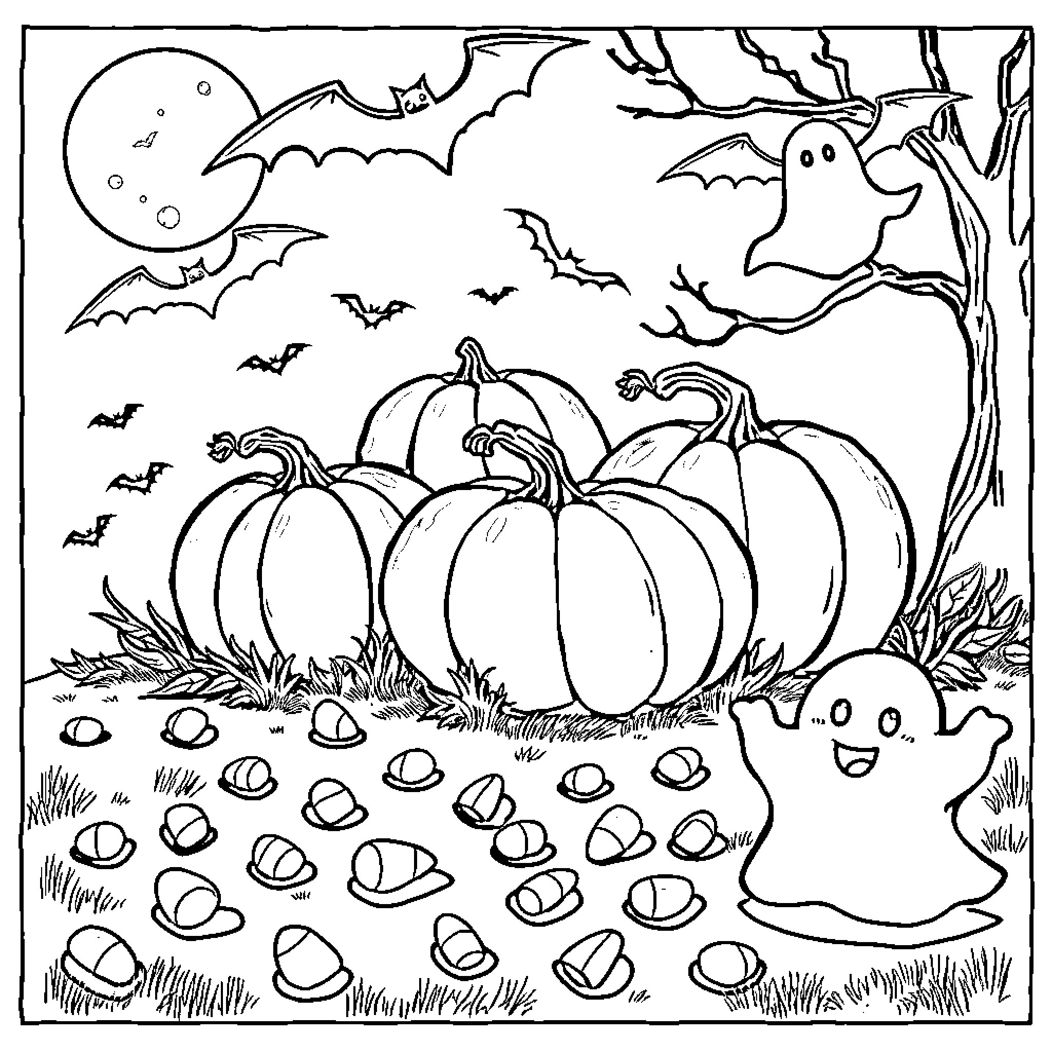 Halloween Pumpkin Patch with Ghosts and Bats Coloring Page (free black-and-white line drawing printable PDF for all, from beginners to advanced learners, including children, teens, adults, and seniors)