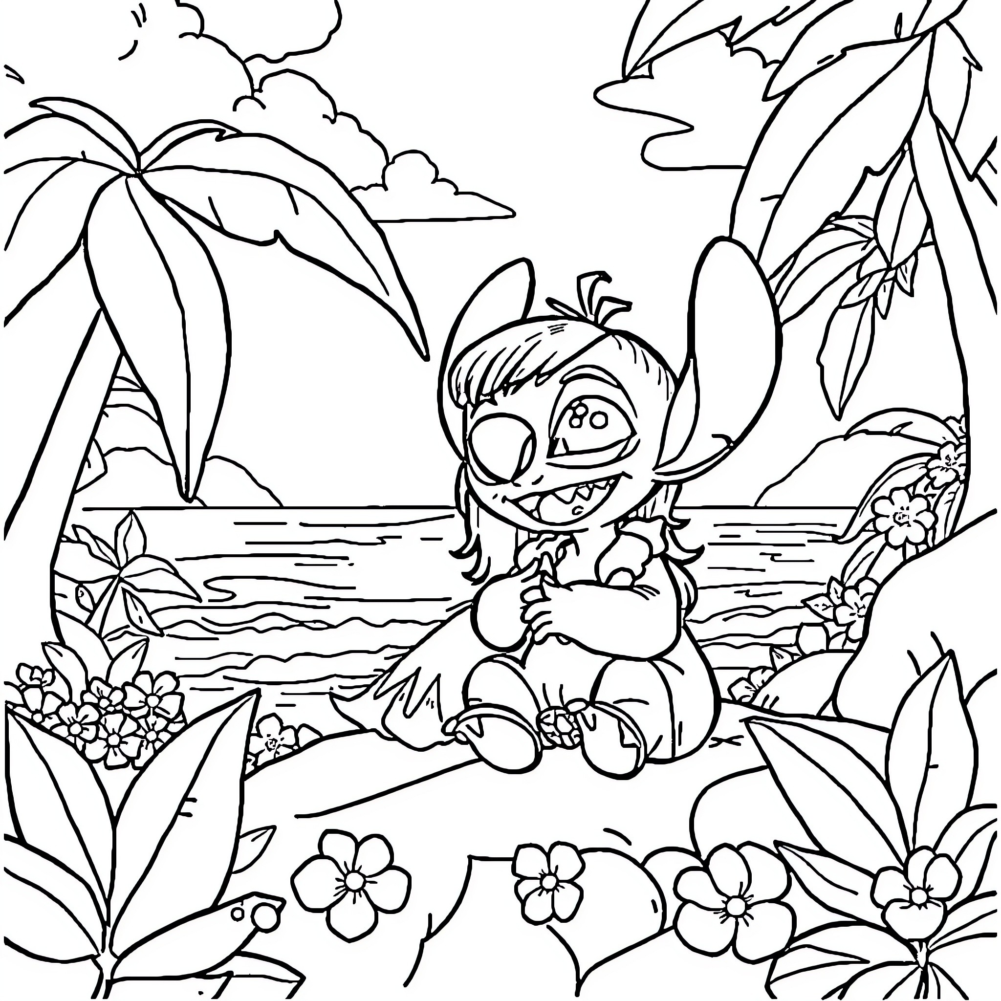 Lilo exploring the tropical island paradise Coloring Page (free black-and-white line drawing printable PDF for all, from beginners to advanced learners, including children, teens, adults, and seniors)