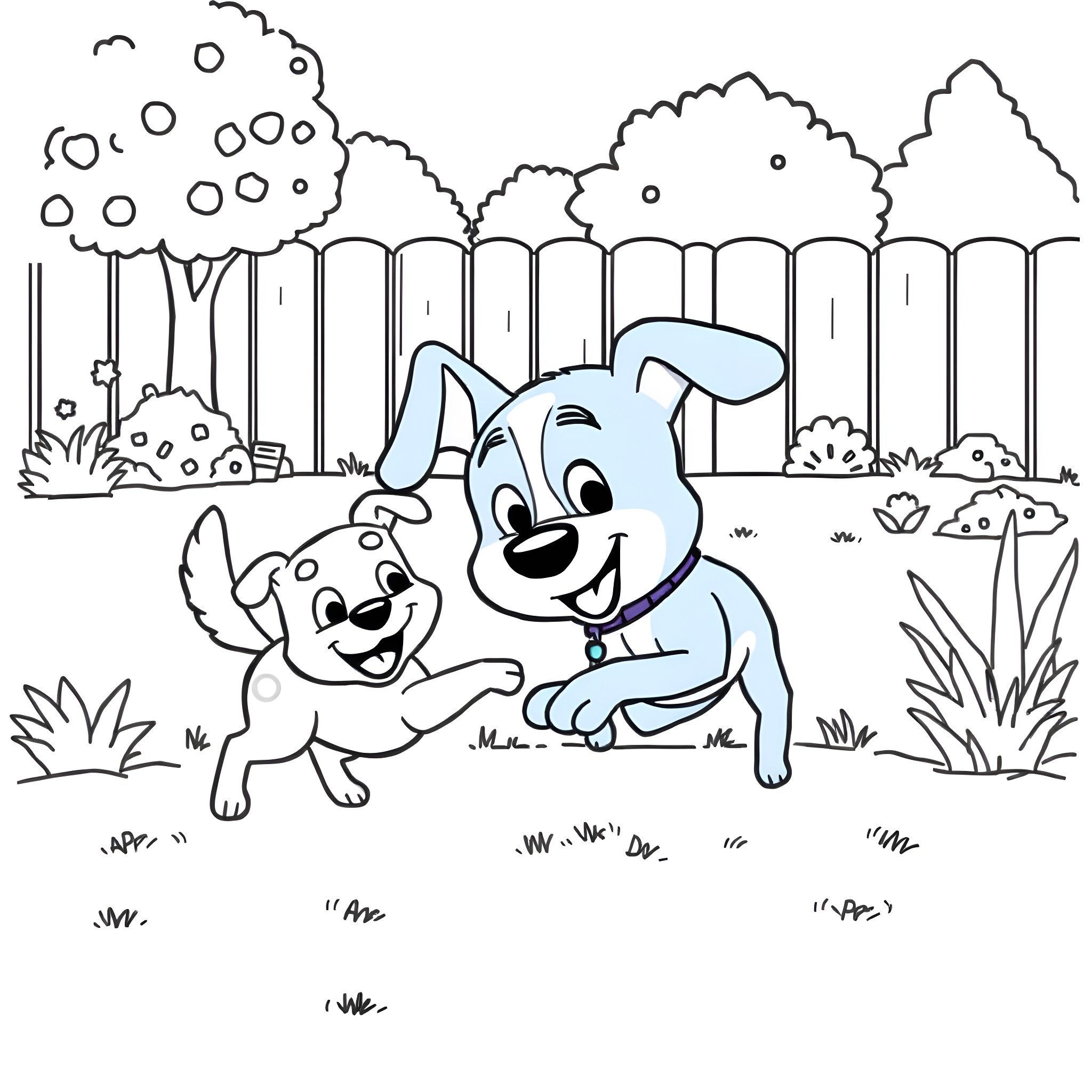 Bluey and friends playing happily in the backyard Coloring Page (free black-and-white line drawing printable PDF for all, from beginners to advanced learners, including children, teens, adults, and seniors)