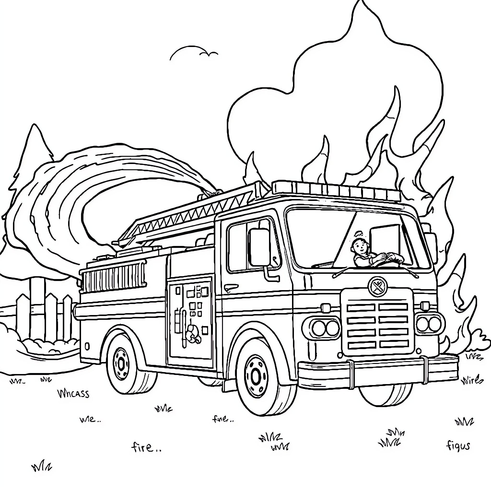 Firetruck rushing to respond to emergency Coloring Page (free black-and-white line drawing printable PDF for all, from beginners to advanced learners, including children, teens, adults, and seniors)
