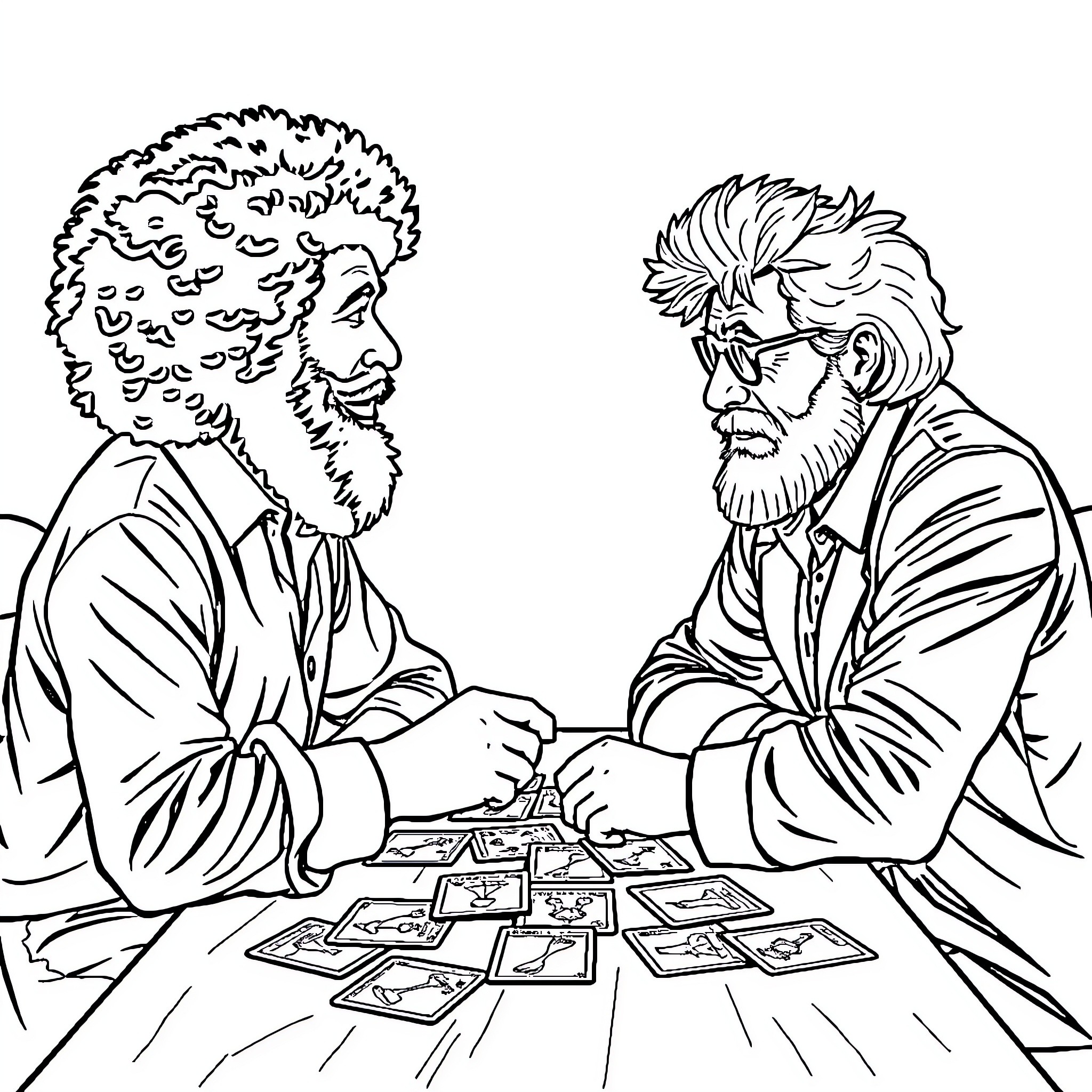 Bob Ross playing cards with a bearded friend Coloring Page (free black-and-white line drawing printable PDF for all, from beginners to advanced learners, including children, teens, adults, and seniors)