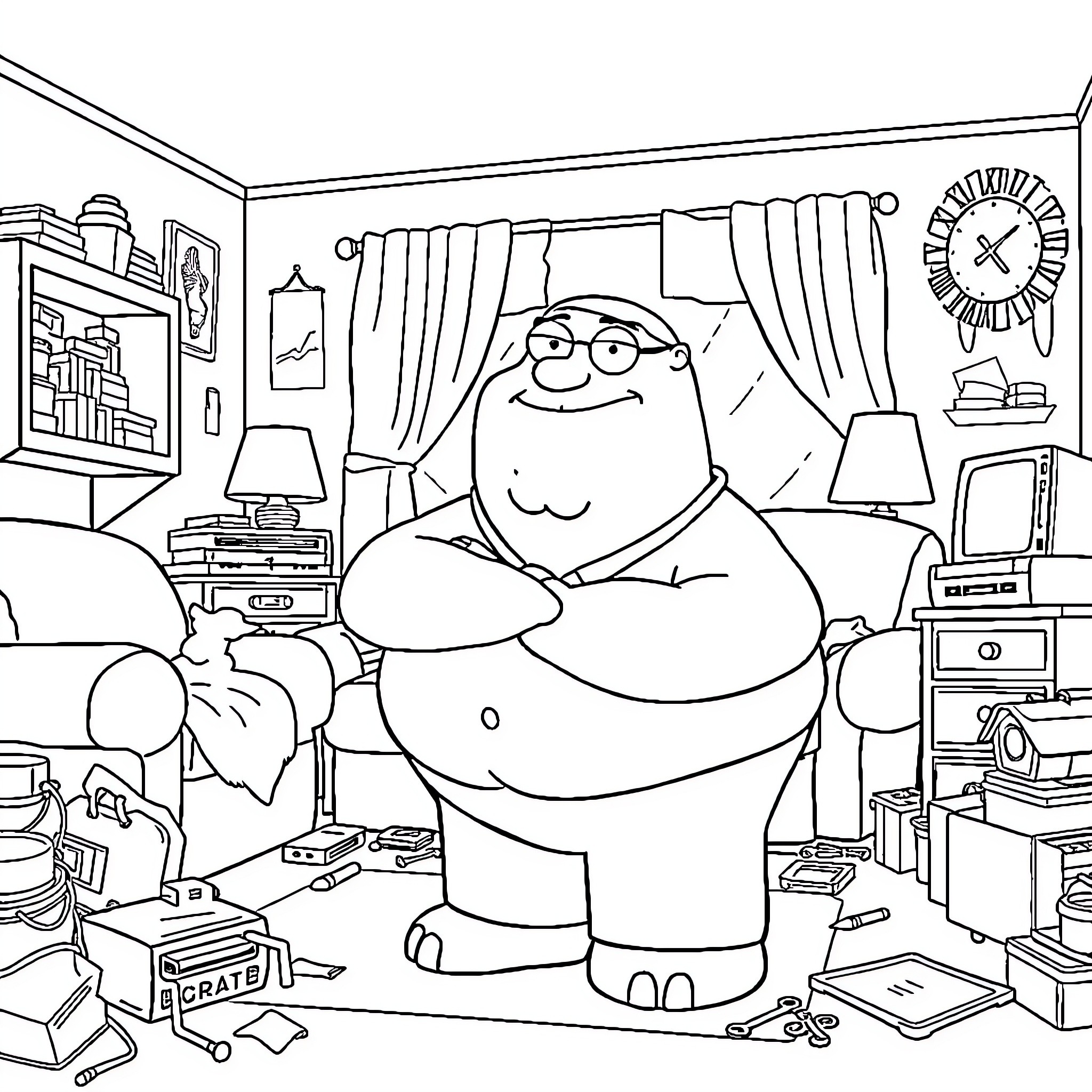 Peter Griffin in a Messy, Cluttered Home Coloring Page (free black-and-white line drawing printable PDF for all, from beginners to advanced learners, including children, teens, adults, and seniors)