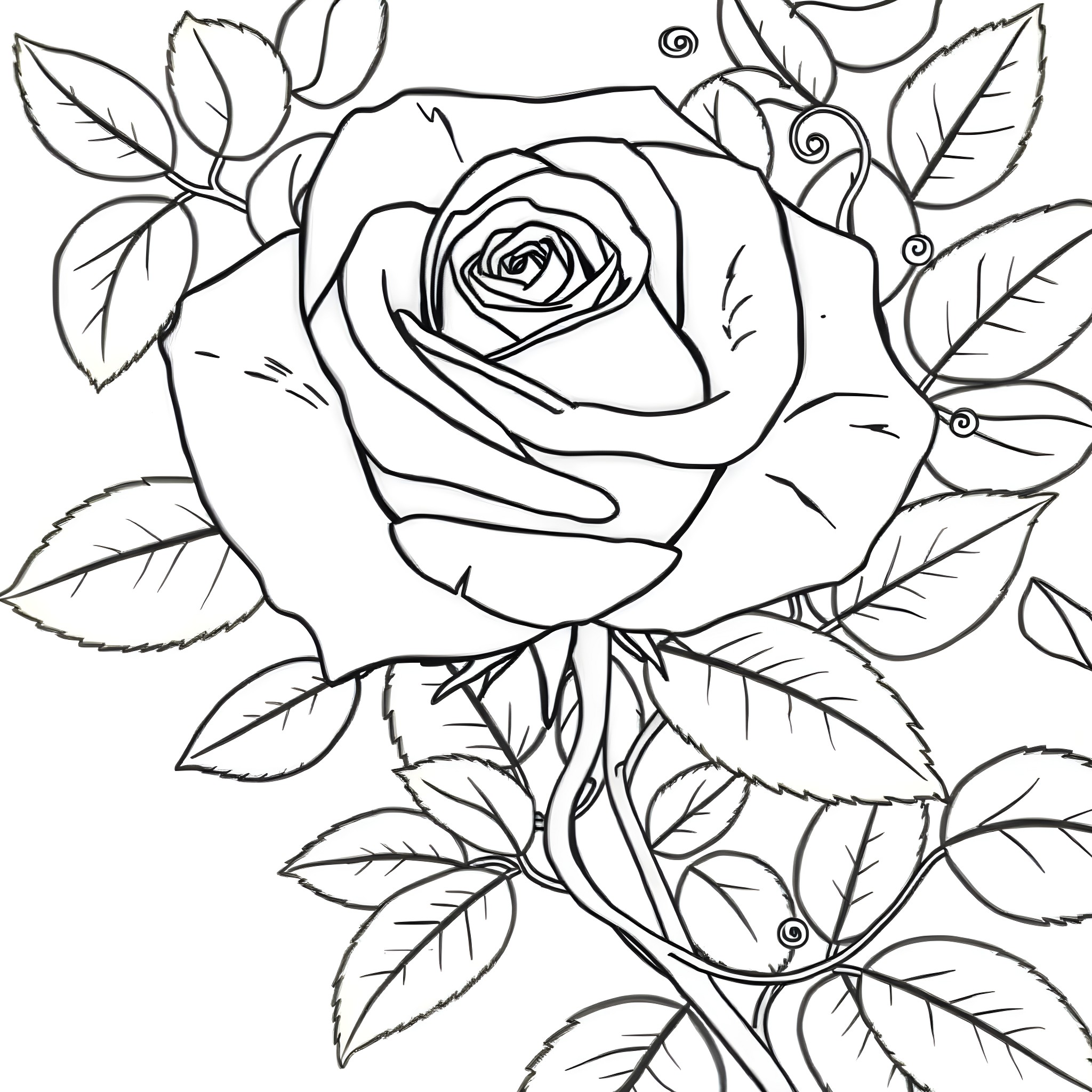 Rose floral bouquet with swirling leaves Coloring Page (free black-and-white line drawing printable PDF for all, from beginners to advanced learners, including children, teens, adults, and seniors)