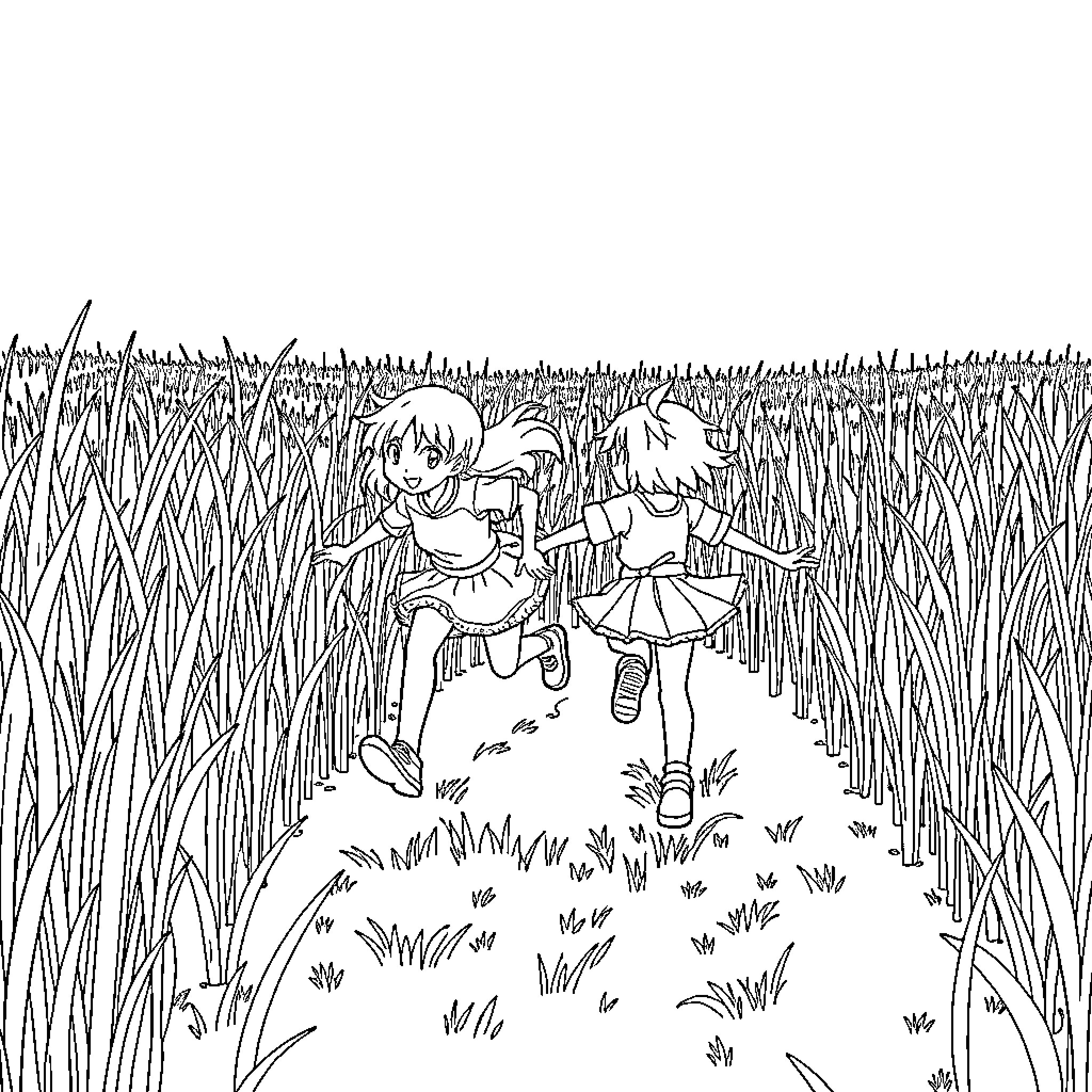 Frog friends playing joyfully in the tall grass Coloring Page (free black-and-white line drawing printable PDF for all, from beginners to advanced learners, including children, teens, adults, and seniors)