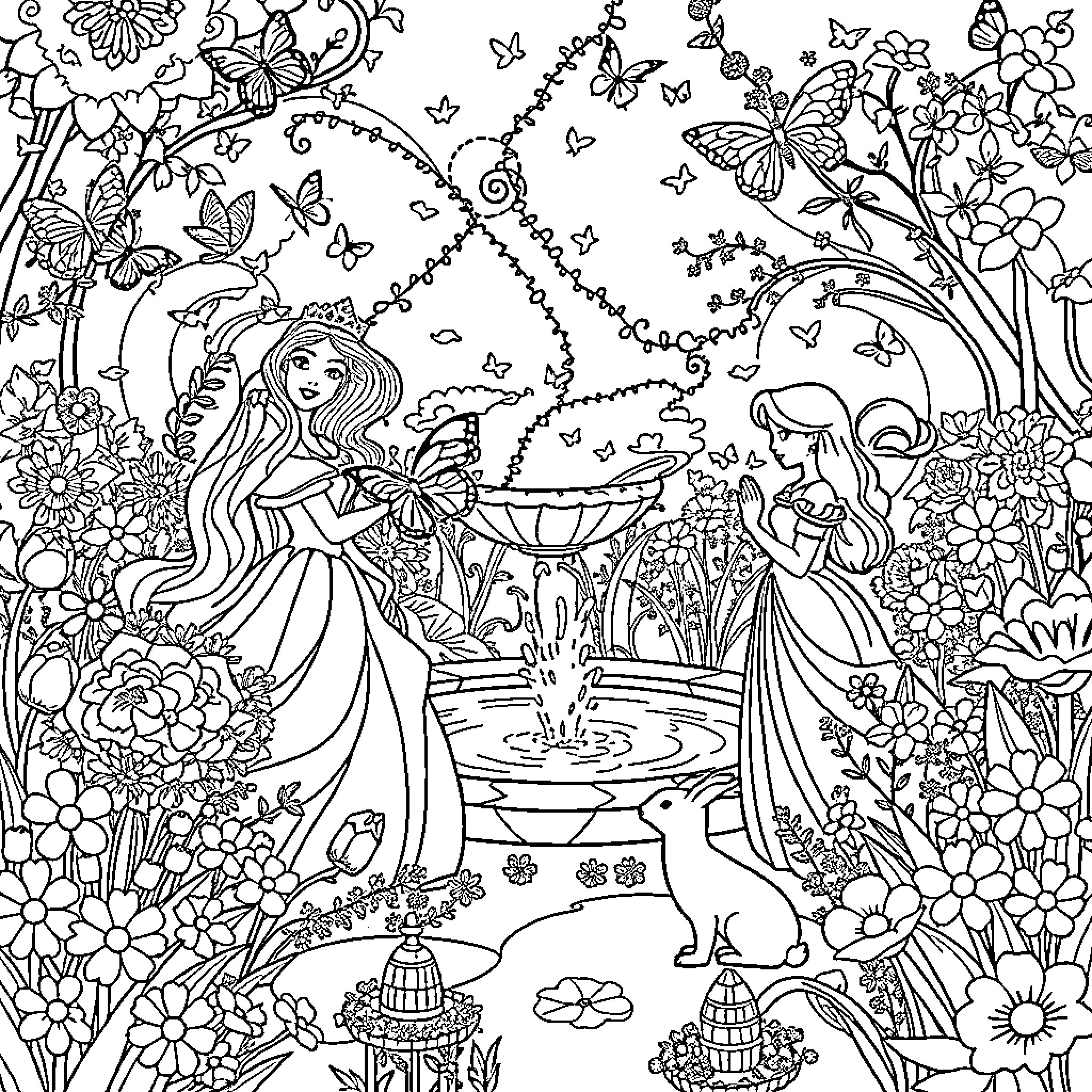 Princess in a Whimsical Garden with Butterflies Coloring Page (free black-and-white line drawing printable PDF for all, from beginners to advanced learners, including children, teens, adults, and seniors)