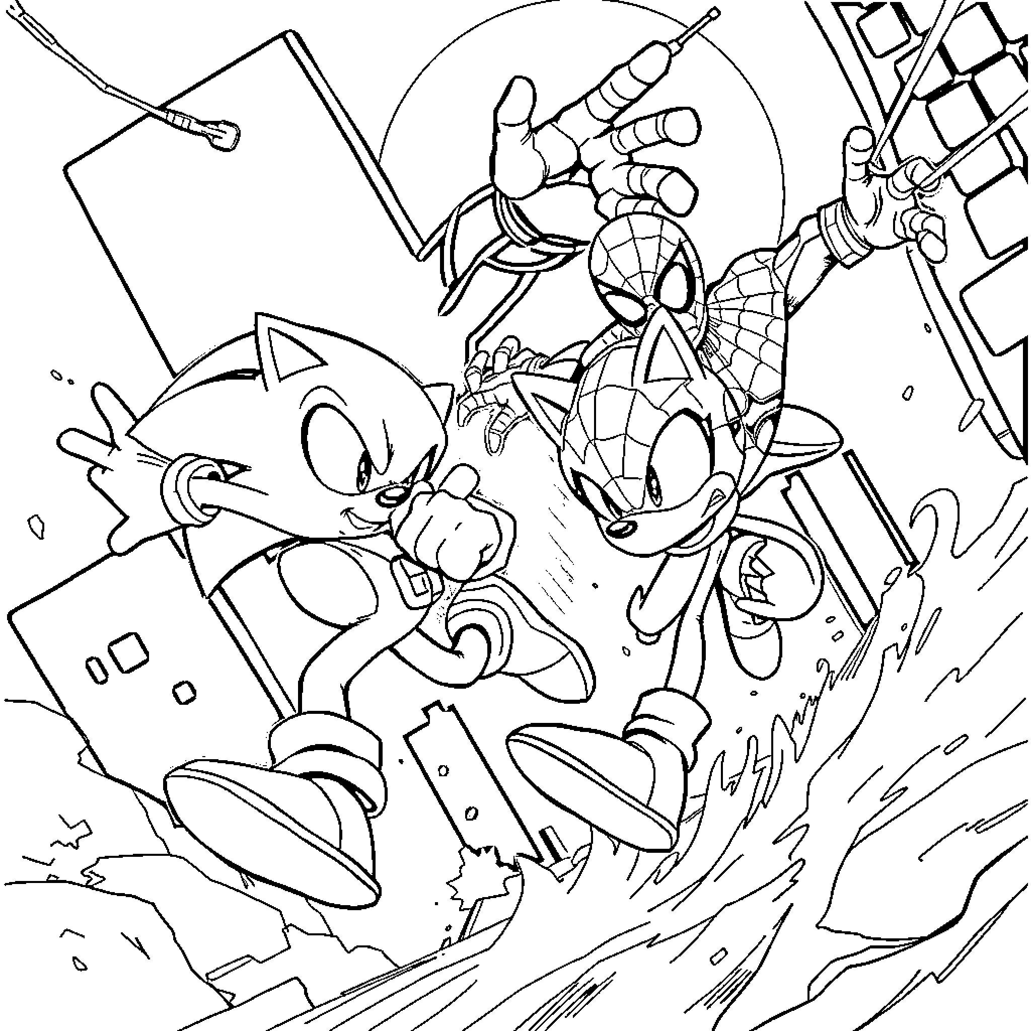 Sonic characters in an action-packed scene Coloring Page (free black-and-white line drawing printable PDF for all, from beginners to advanced learners, including children, teens, adults, and seniors)