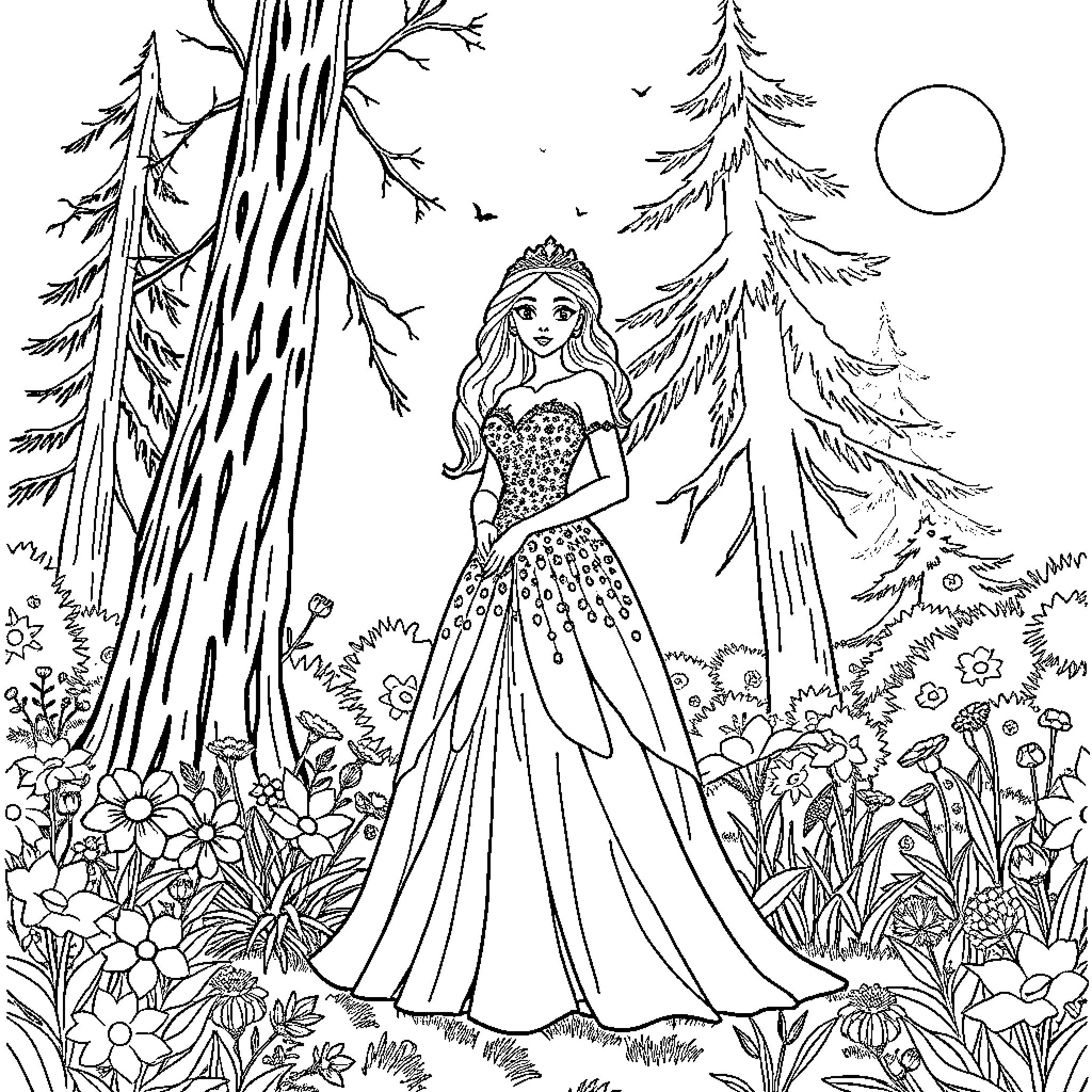 Princess in a Magical Forest Coloring Page (free black-and-white line drawing printable PDF for all, from beginners to advanced learners, including children, teens, adults, and seniors)