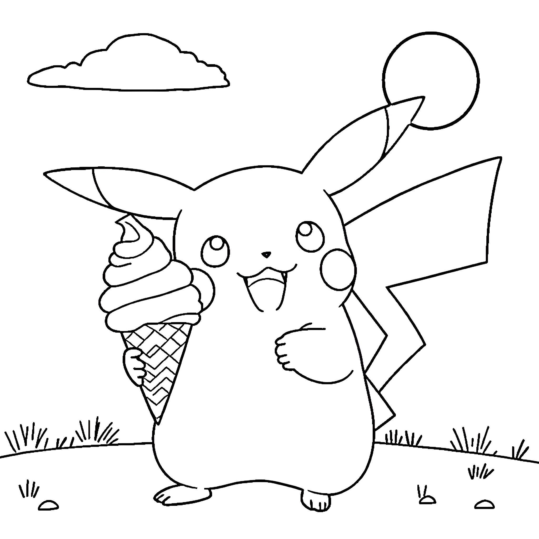 Pikachu enjoying an ice cream in the park Coloring Page (free black-and-white line drawing printable PDF for all, from beginners to advanced learners, including children, teens, adults, and seniors)