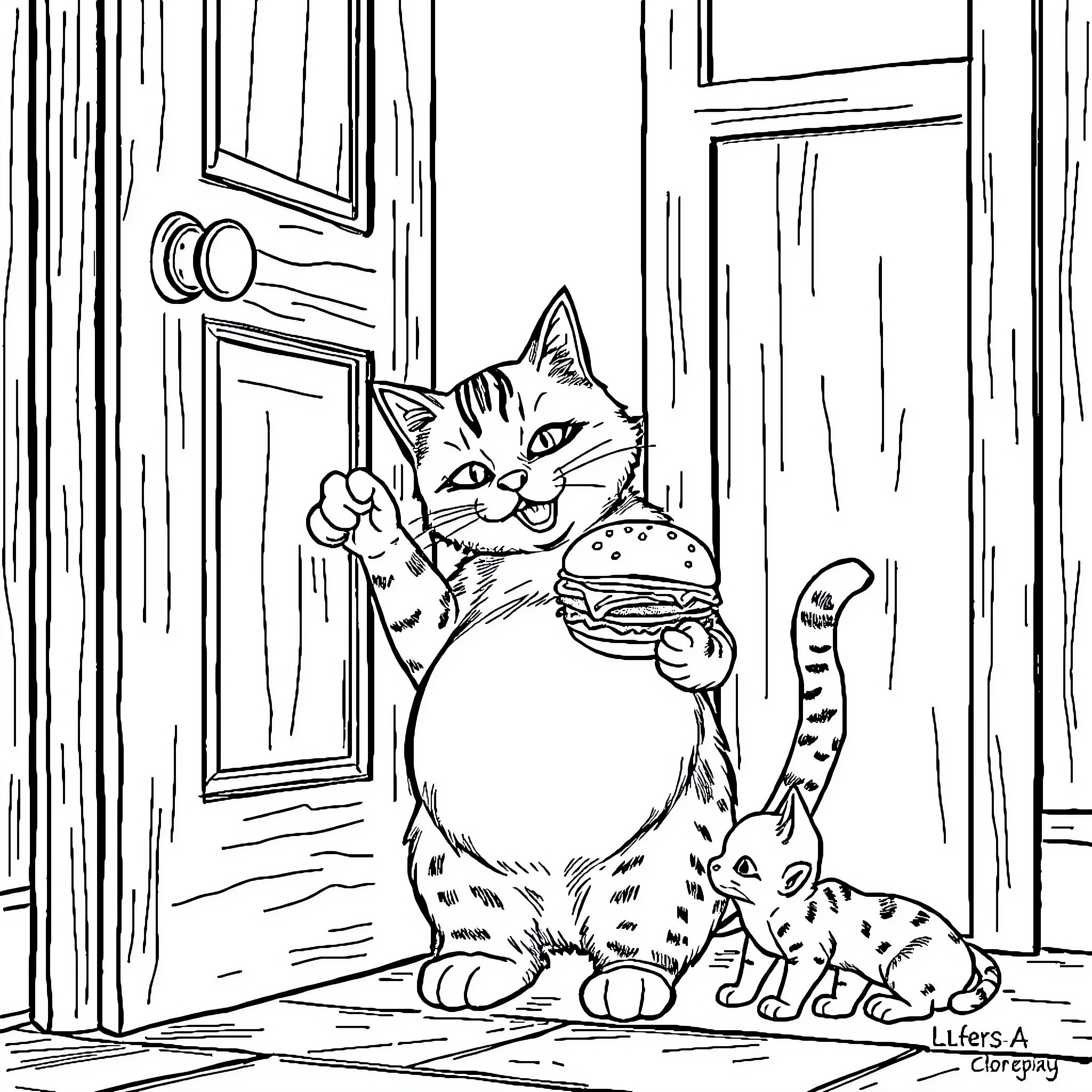 Cat enjoying a tasty snack in the home Coloring Page (free black-and-white line drawing printable PDF for all, from beginners to advanced learners, including children, teens, adults, and seniors)