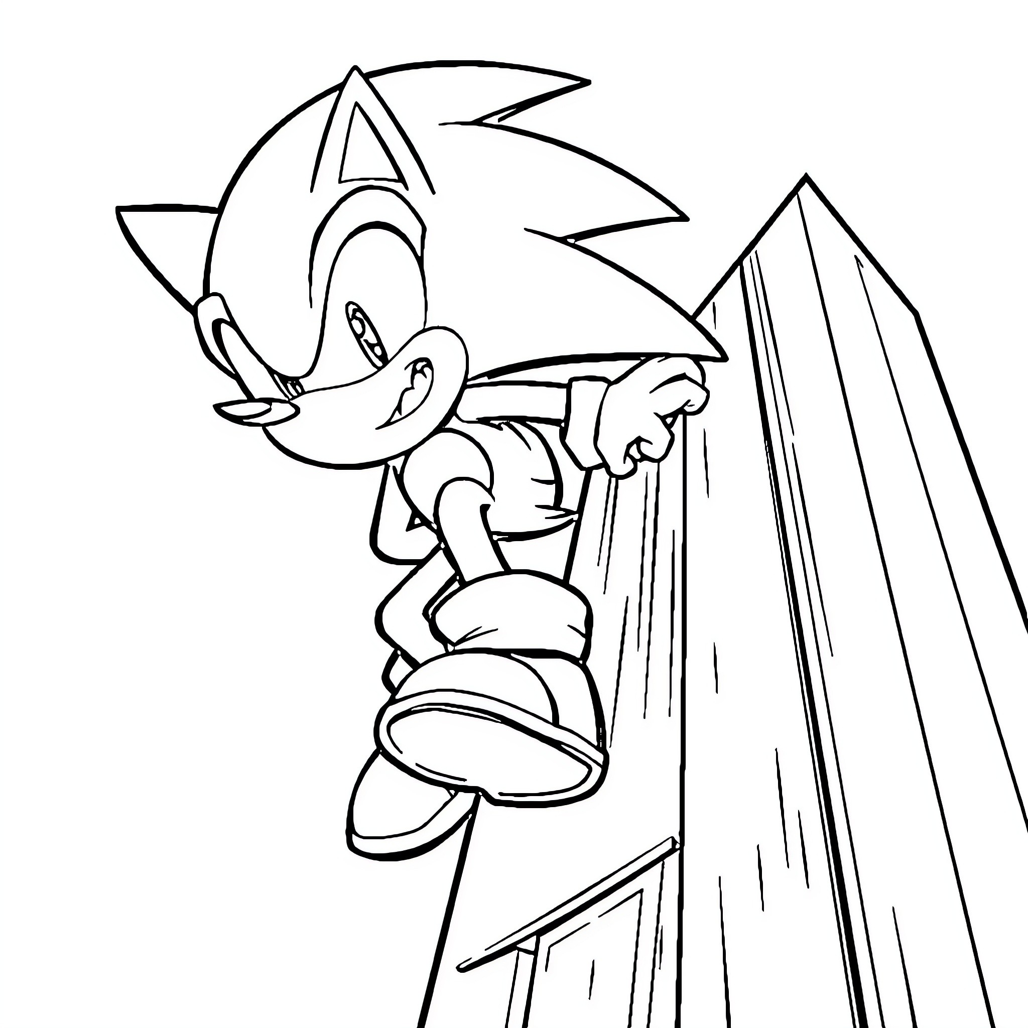 Sonic the Hedgehog climbing up a wall Coloring Page (free black-and-white line drawing printable PDF for all, from beginners to advanced learners, including children, teens, adults, and seniors)