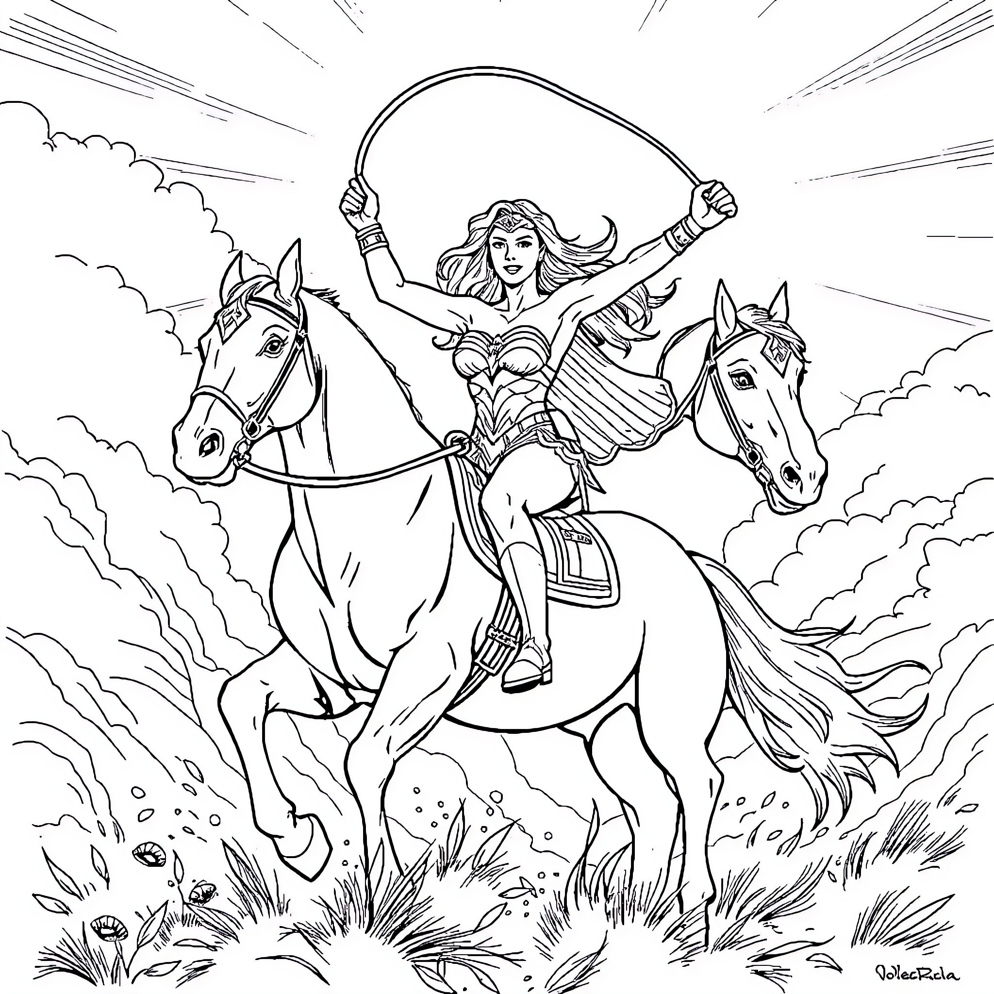 Wonder Woman riding heroically on horses Coloring Page (free black-and-white line drawing printable PDF for all, from beginners to advanced learners, including children, teens, adults, and seniors)