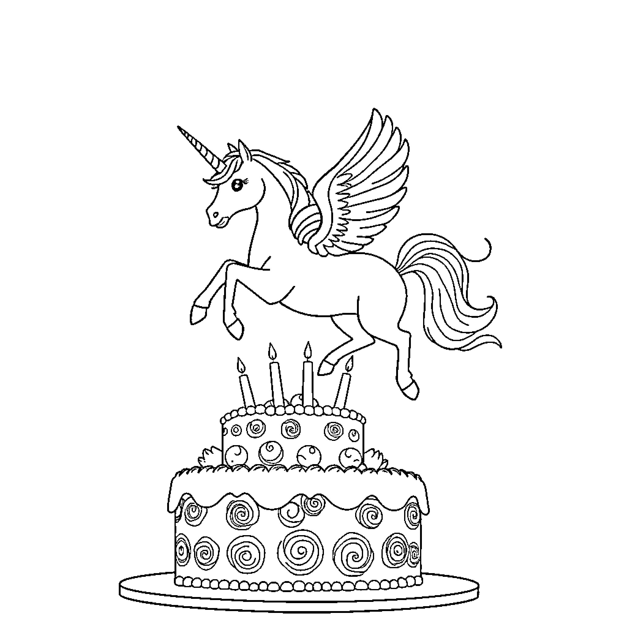 Unicorn celebrating its birthday with a cake Coloring Page (free black-and-white line drawing printable PDF for all, from beginners to advanced learners, including children, teens, adults, and seniors)