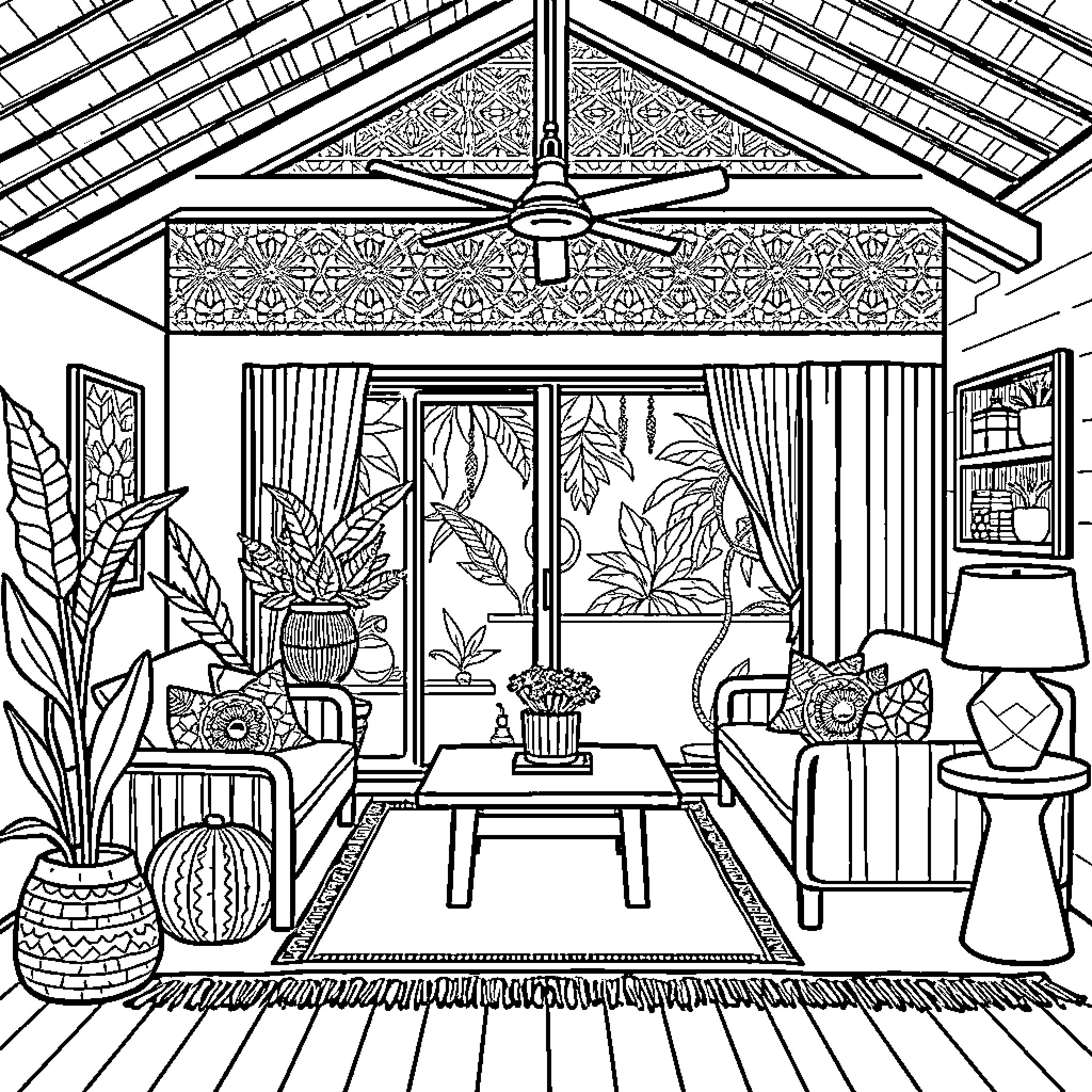 Home Filled with Cozy Furnishings and Lush Greenery Coloring Page (free black-and-white line drawing printable PDF for all, from beginners to advanced learners, including children, teens, adults, and seniors)