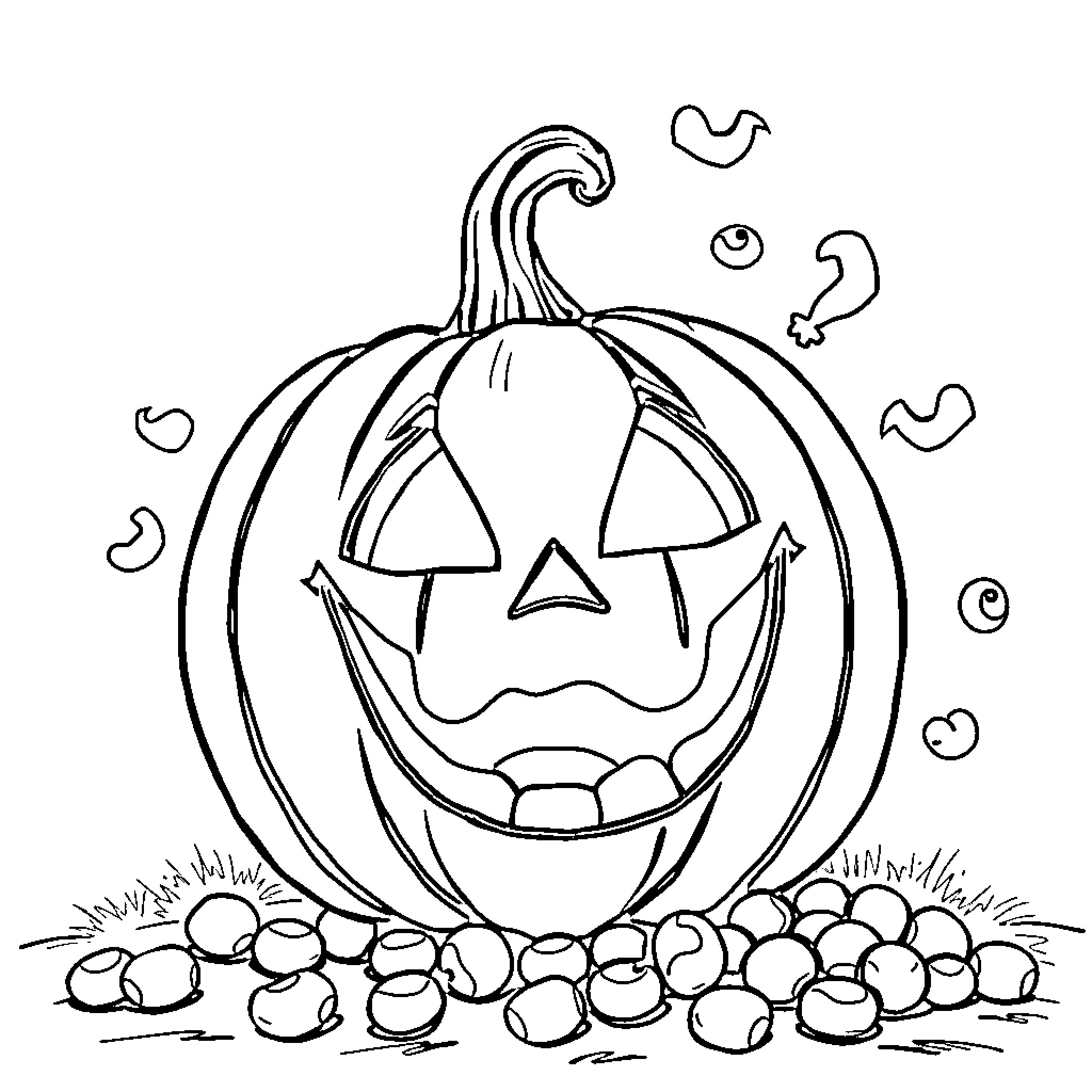 Jack-o'-lantern with friendly expression and autumn scene Coloring Page (free black-and-white line drawing printable PDF for all, from beginners to advanced learners, including children, teens, adults, and seniors)