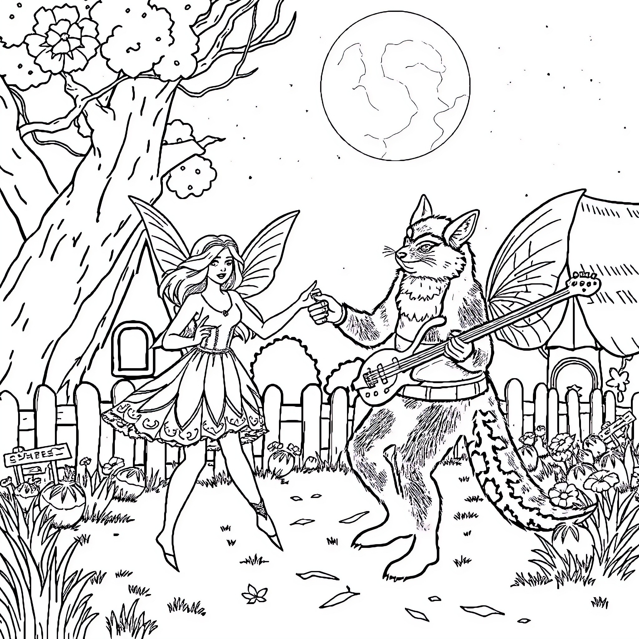 Feery Creature Dances with Anthropomorphic Animal Coloring Page (free black-and-white line drawing printable PDF for all, from beginners to advanced learners, including children, teens, adults, and seniors)