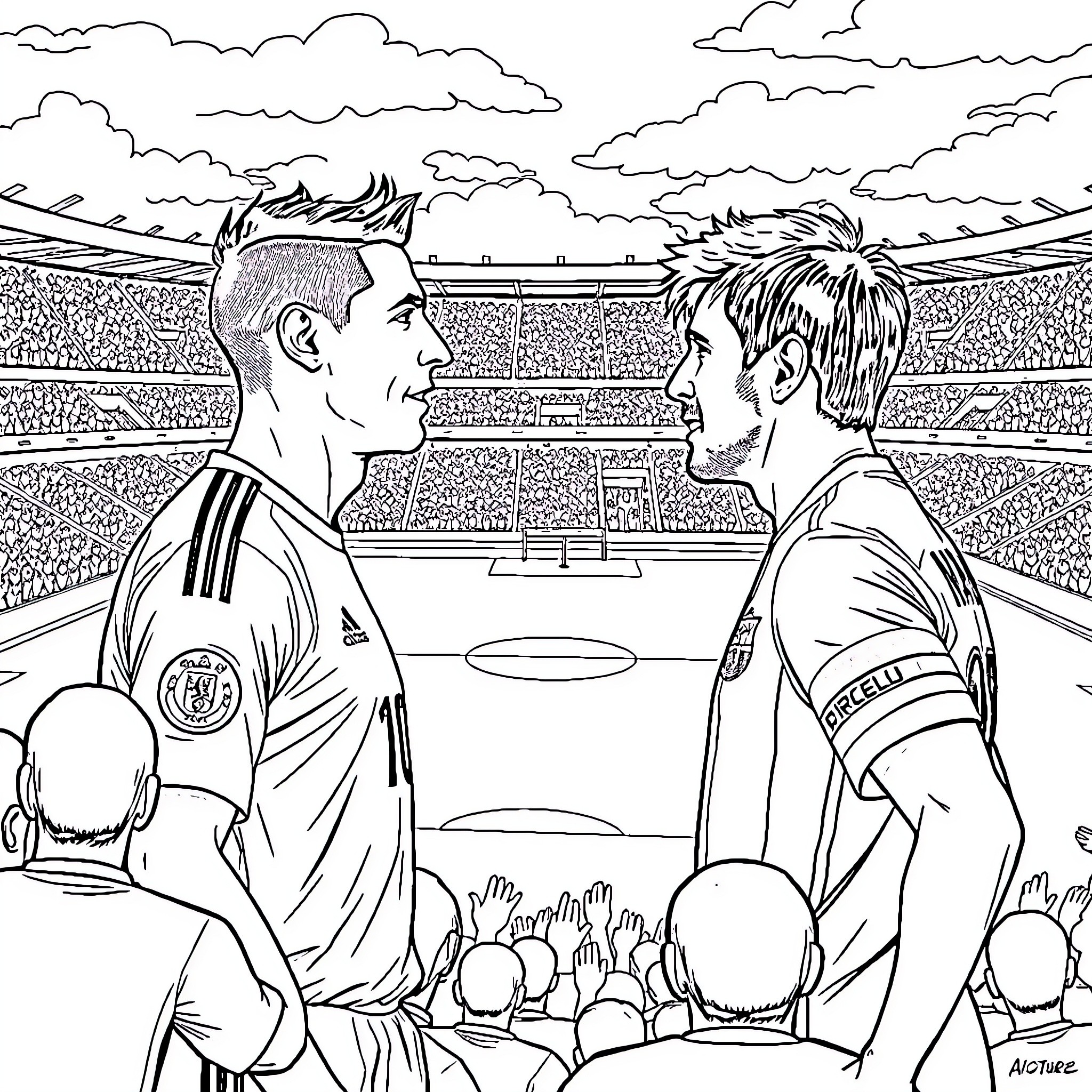 Ronaldo and Messi face off on the soccer field Coloring Page (free black-and-white line drawing printable PDF for all, from beginners to advanced learners, including children, teens, adults, and seniors)