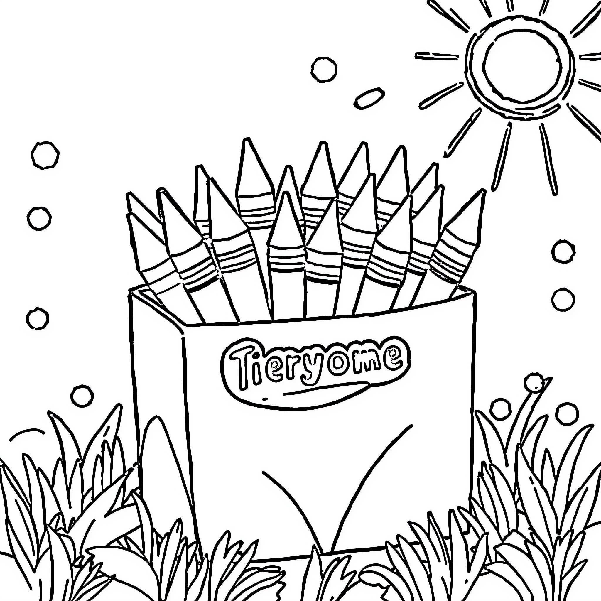Crayon Box Awaiting Creativity in Nature Coloring Page (free black-and-white line drawing printable PDF for all, from beginners to advanced learners, including children, teens, adults, and seniors)