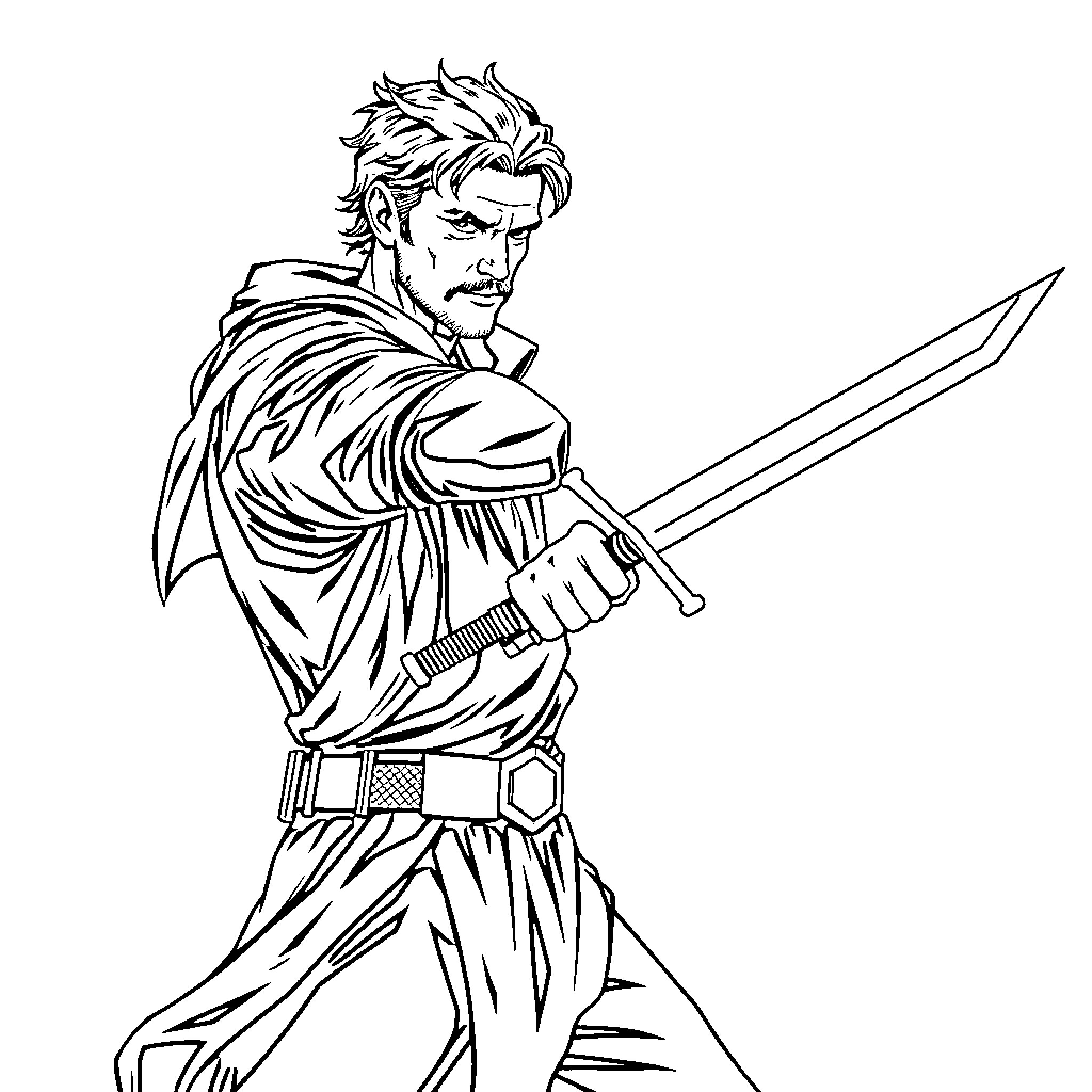 Man wielding a sword in a heroic pose Coloring Page (free black-and-white line drawing printable PDF for all, from beginners to advanced learners, including children, teens, adults, and seniors)