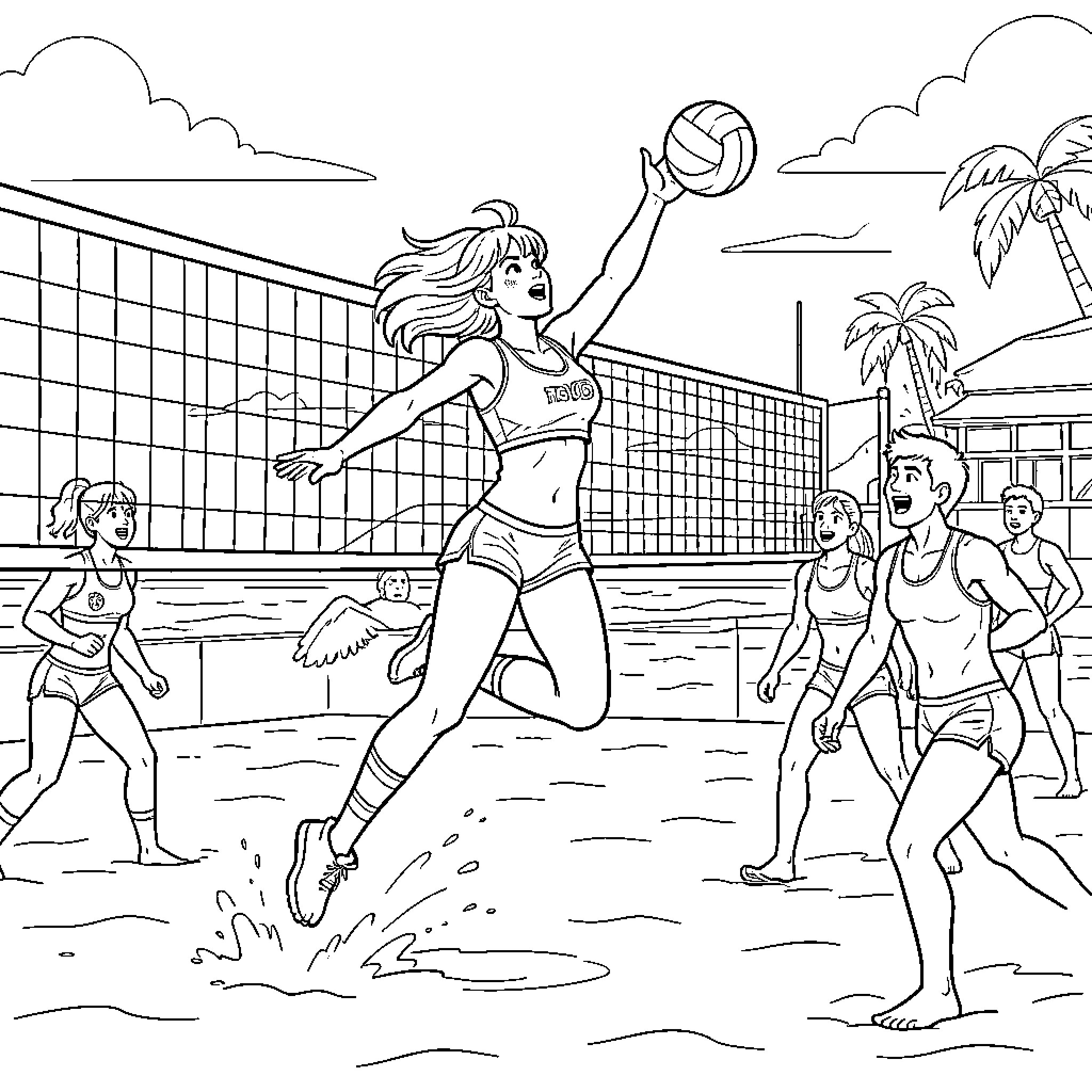 Tifa jumping to hit a volleyball on the beach Coloring Page (free black-and-white line drawing printable PDF for all, from beginners to advanced learners, including children, teens, adults, and seniors)