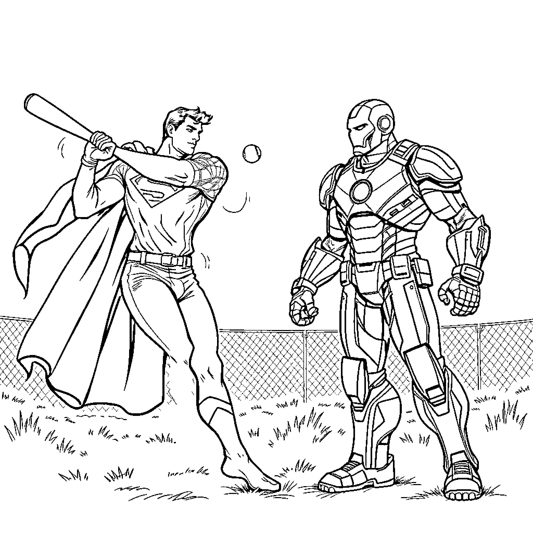 Superman Plays Ball with Armored Superhero Coloring Page (free black-and-white line drawing printable PDF for all, from beginners to advanced learners, including children, teens, adults, and seniors)