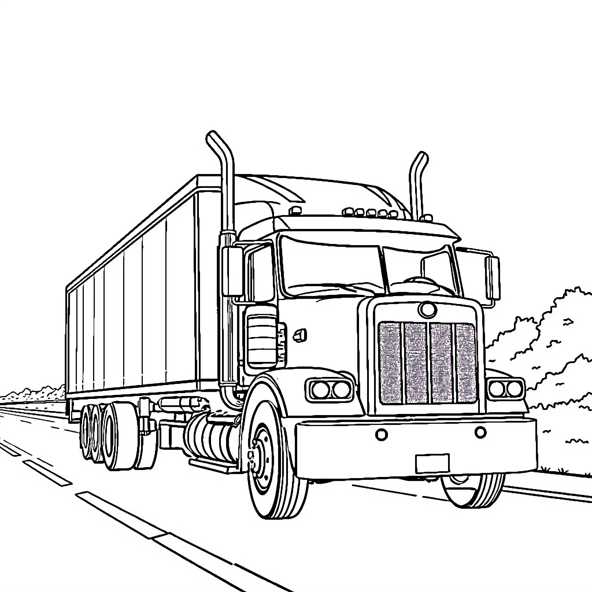 Truck transporting goods along a rural road Coloring Page (free black-and-white line drawing printable PDF for all, from beginners to advanced learners, including children, teens, adults, and seniors)