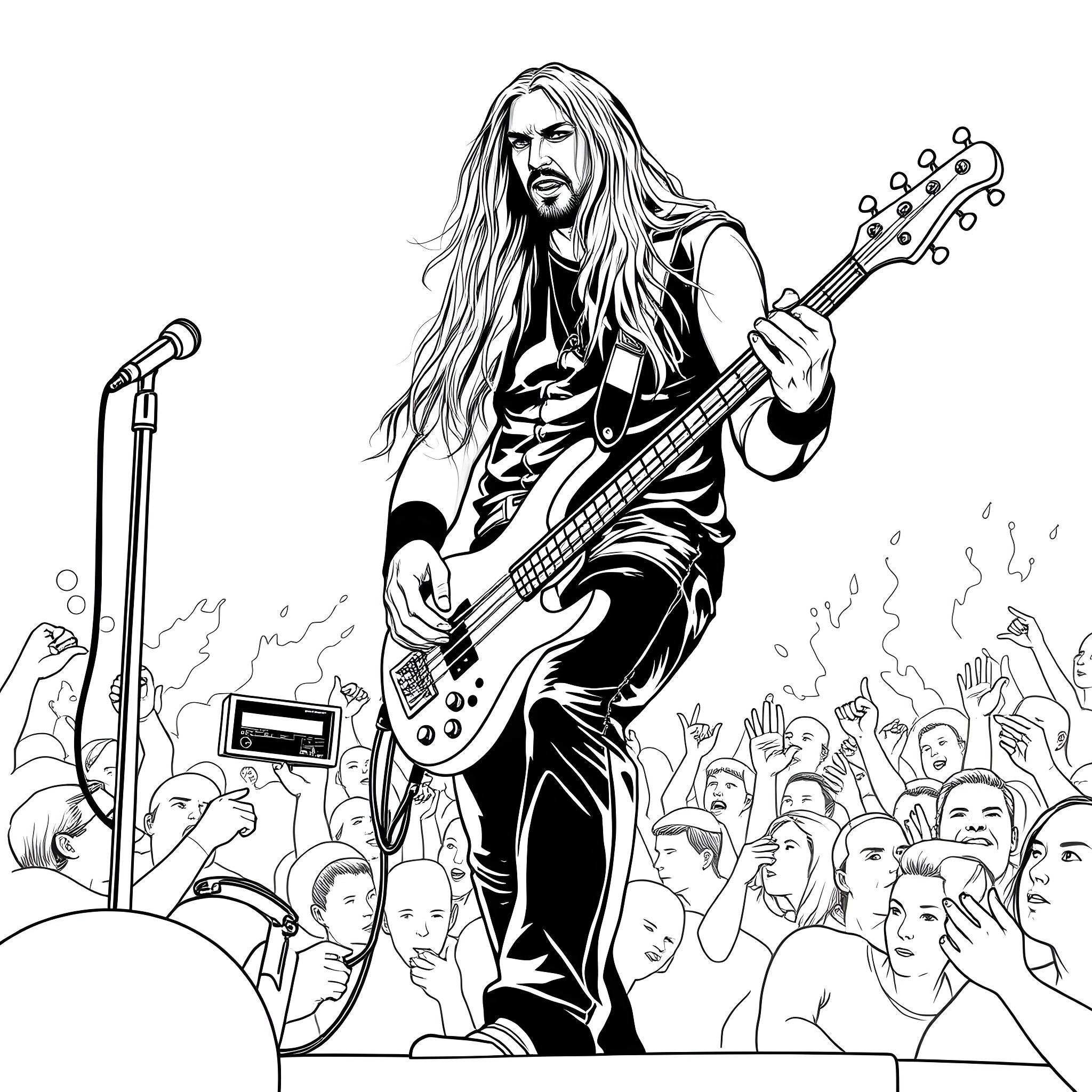 Peter Steel's Electrifying Stage Presence Coloring Page (free black-and-white line drawing printable PDF for all, from beginners to advanced learners, including children, teens, adults, and seniors)