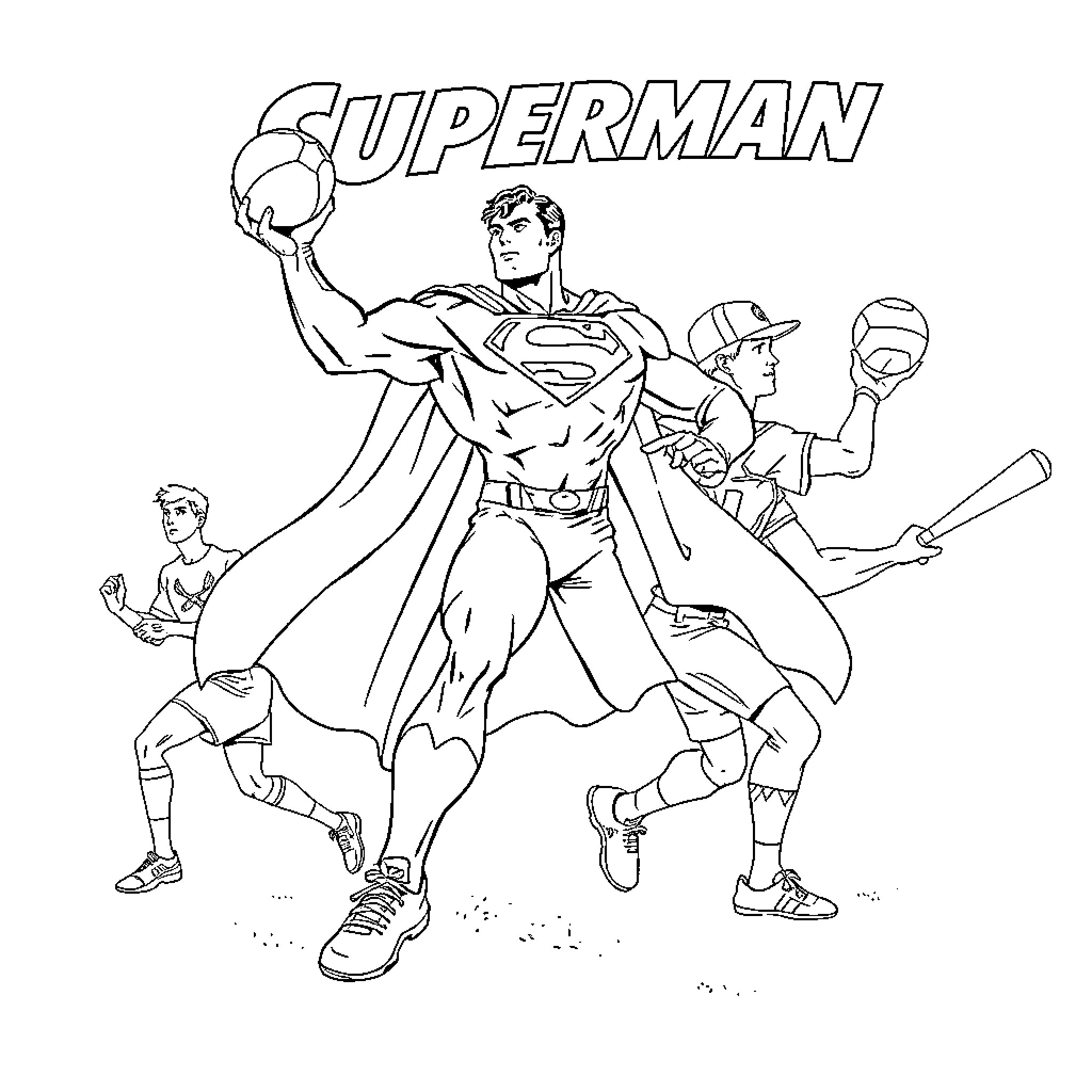Superman fighting villains in heroic action Coloring Page (free black-and-white line drawing printable PDF for all, from beginners to advanced learners, including children, teens, adults, and seniors)