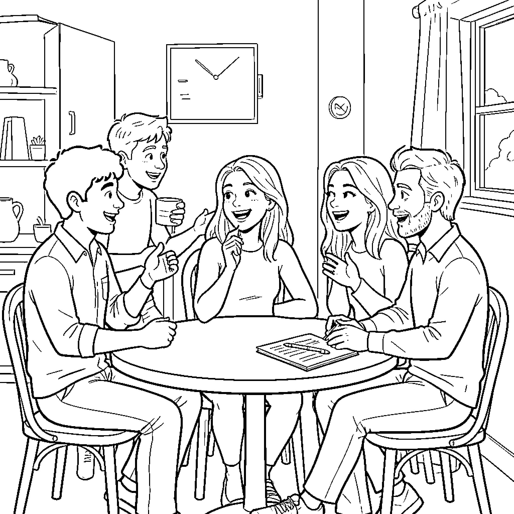 Gaby and friends laughing while eating together at a table Coloring Page (free black-and-white line drawing printable PDF for all, from beginners to advanced learners, including children, teens, adults, and seniors)