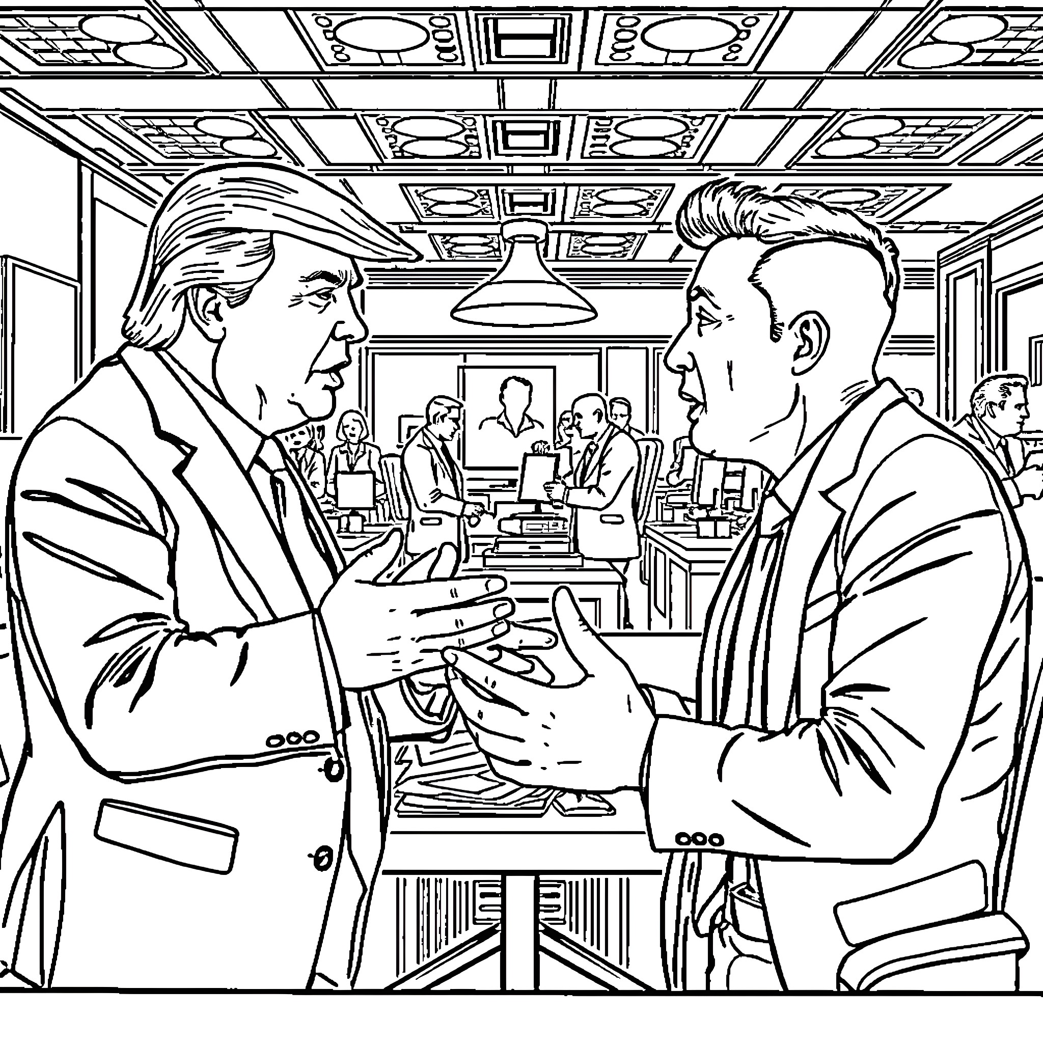 Trump in heated discussion with government official Coloring Page (free black-and-white line drawing printable PDF for all, from beginners to advanced learners, including children, teens, adults, and seniors)
