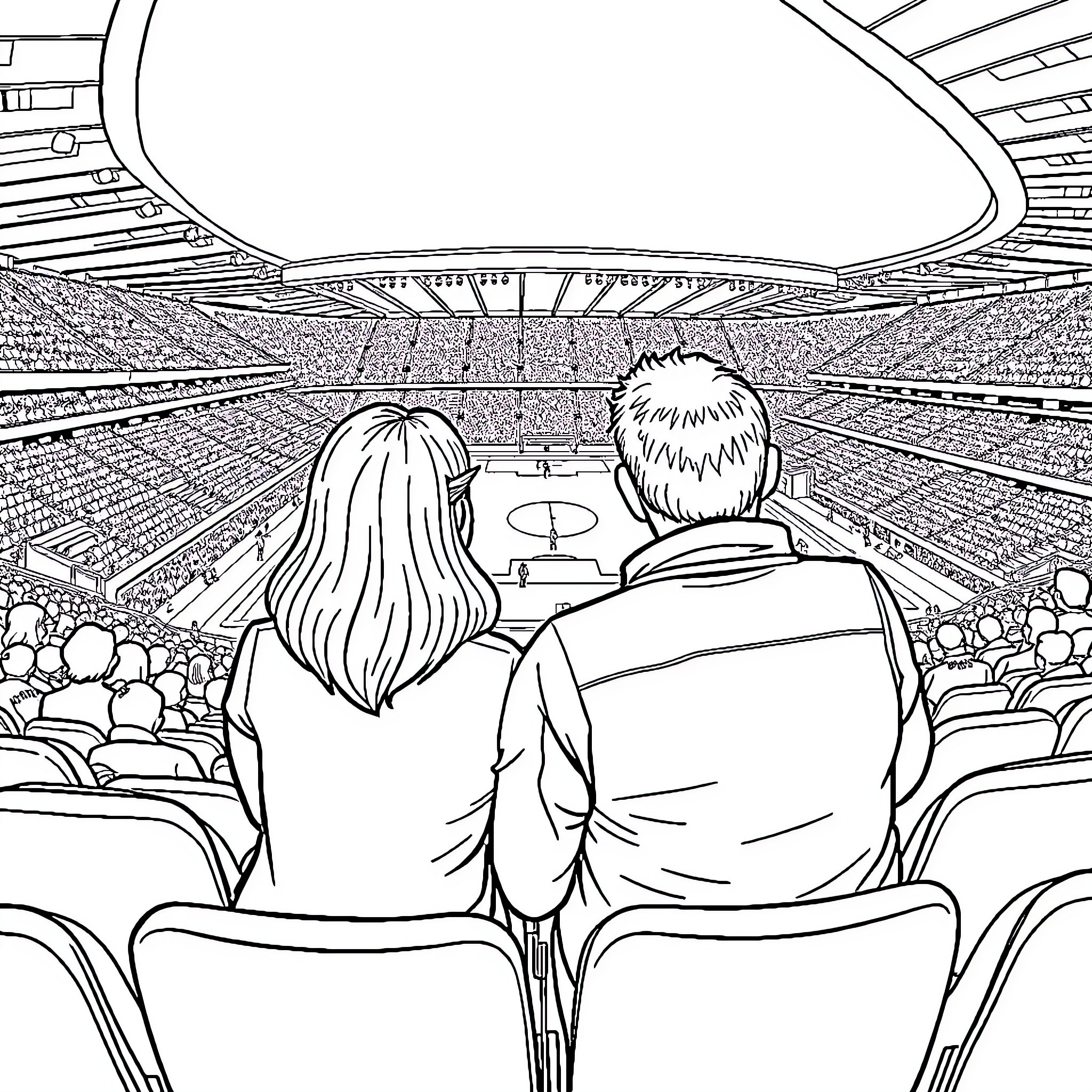 Soccer fans cheering in a packed stadium Coloring Page (free black-and-white line drawing printable PDF for all, from beginners to advanced learners, including children, teens, adults, and seniors)