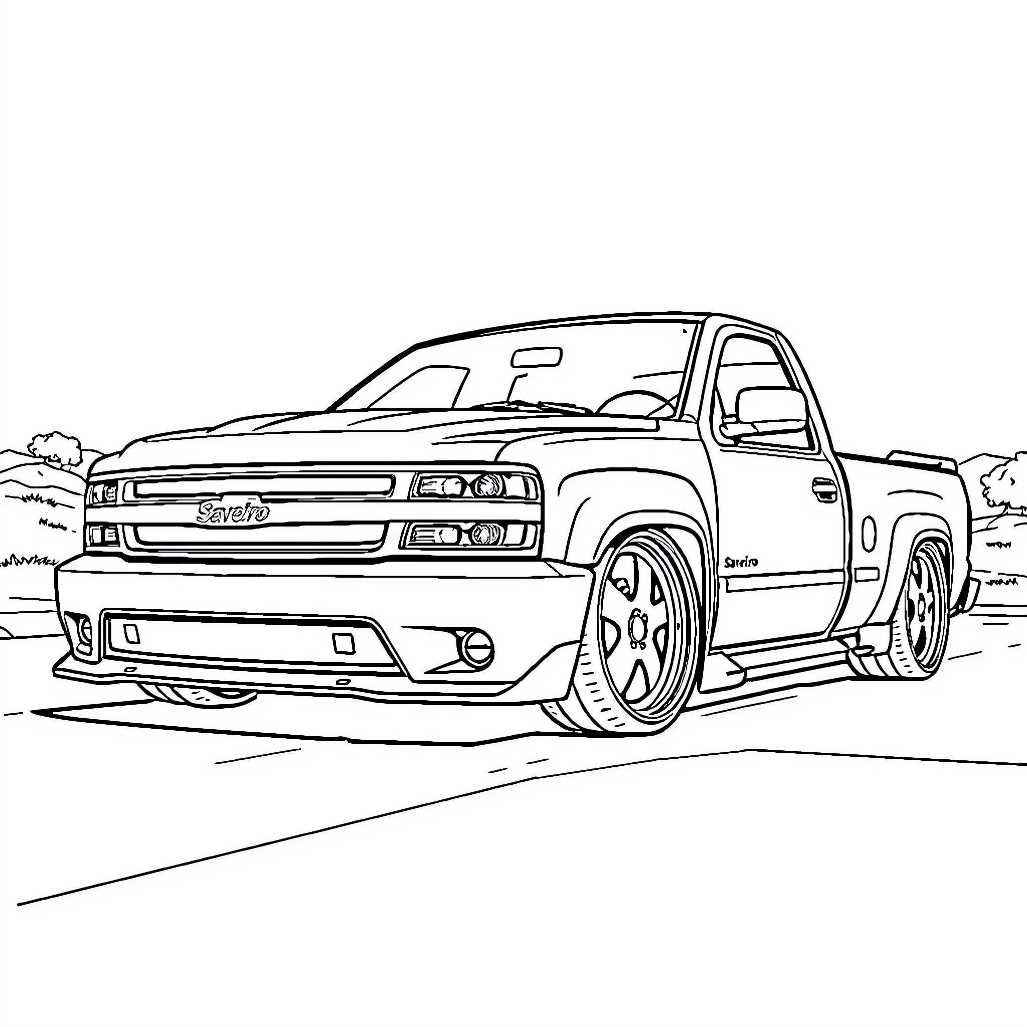 Saveiro truck with stylish modifications Coloring Page (free black-and-white line drawing printable PDF for all, from beginners to advanced learners, including children, teens, adults, and seniors)