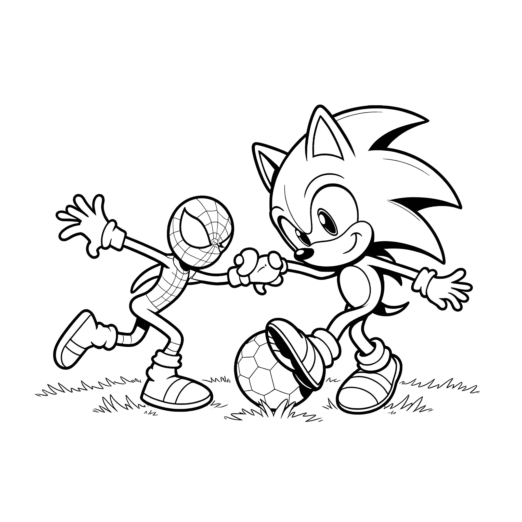 Sonic and Spider-Man playing together on the grass Coloring Page (free black-and-white line drawing printable PDF for all, from beginners to advanced learners, including children, teens, adults, and seniors)