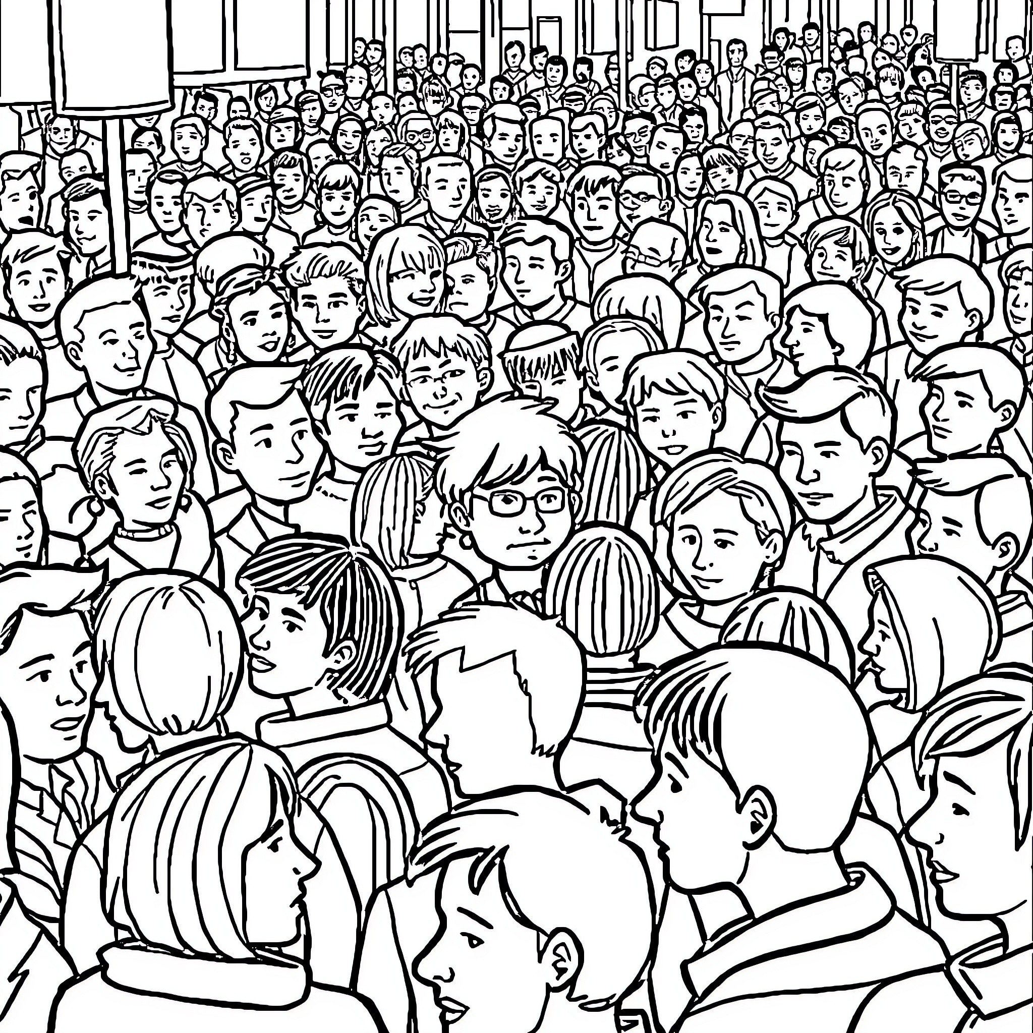 Wally's Crowd: A Bustling Scene of Diverse Faces Coloring Page (free black-and-white line drawing printable PDF for all, from beginners to advanced learners, including children, teens, adults, and seniors)