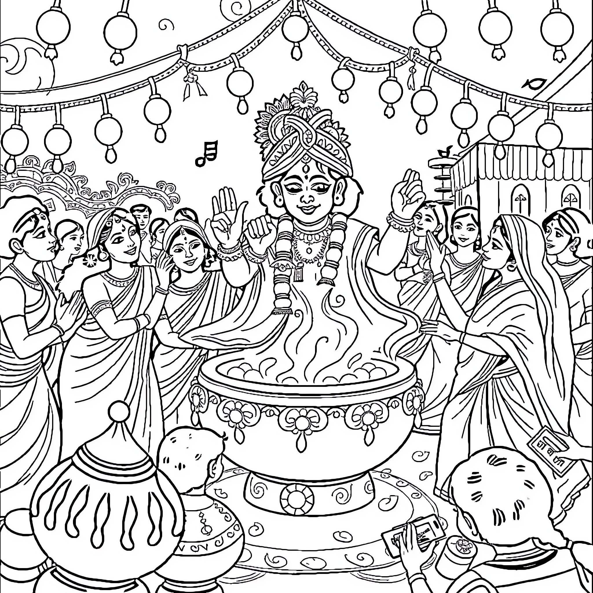 Gokulashtami celebration with Krishna and devotees Coloring Page (free black-and-white line drawing printable PDF for all, from beginners to advanced learners, including children, teens, adults, and seniors)