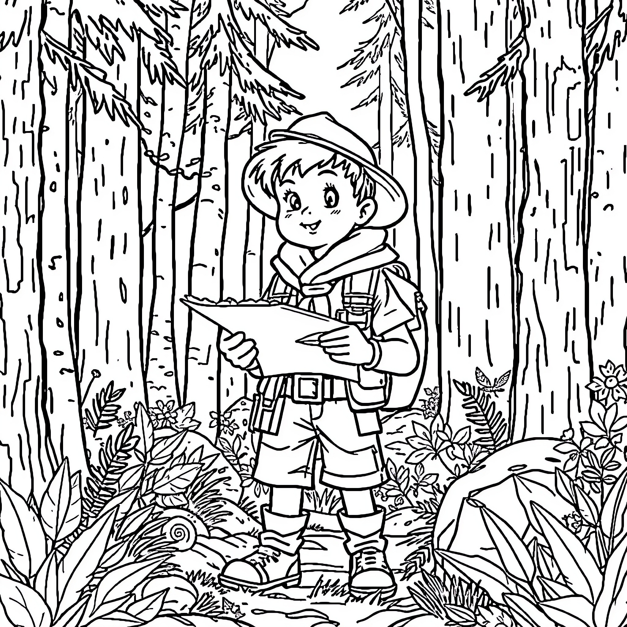 Scout Exploring the Wilderness Trail Coloring Page (free black-and-white line drawing printable PDF for all, from beginners to advanced learners, including children, teens, adults, and seniors)