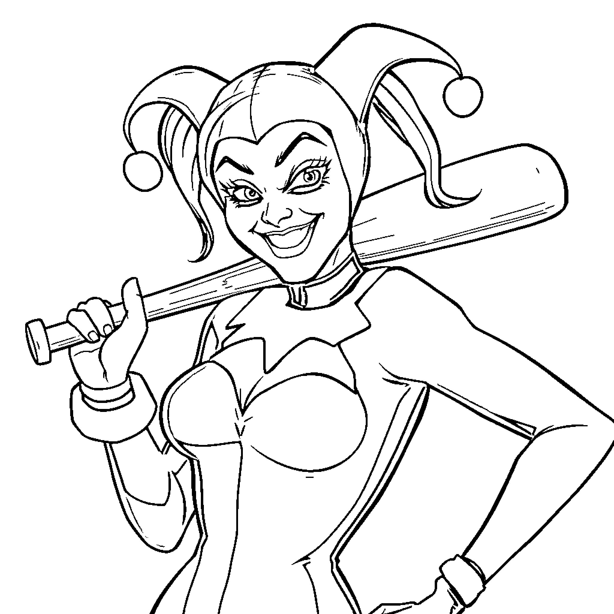 Harley Quinn in action with mallet and playful expression Coloring Page (free black-and-white line drawing printable PDF for all, from beginners to advanced learners, including children, teens, adults, and seniors)