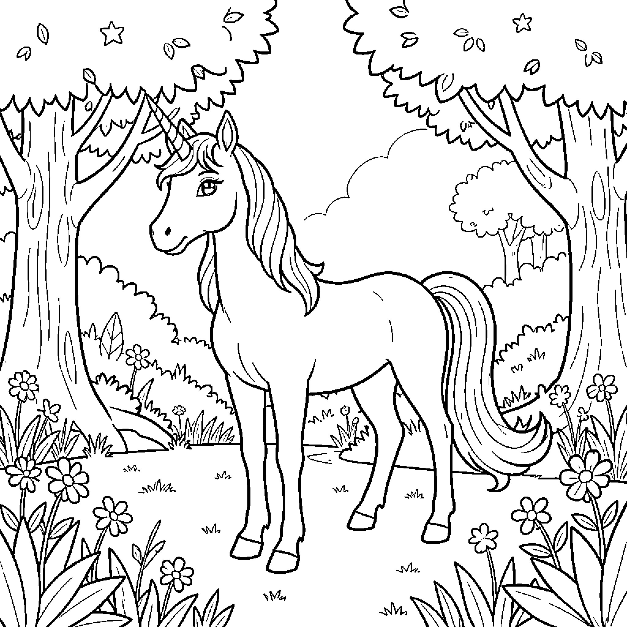 Unicorn standing peacefully in a flowery forest clearing Coloring Page (free black-and-white line drawing printable PDF for all, from beginners to advanced learners, including children, teens, adults, and seniors)