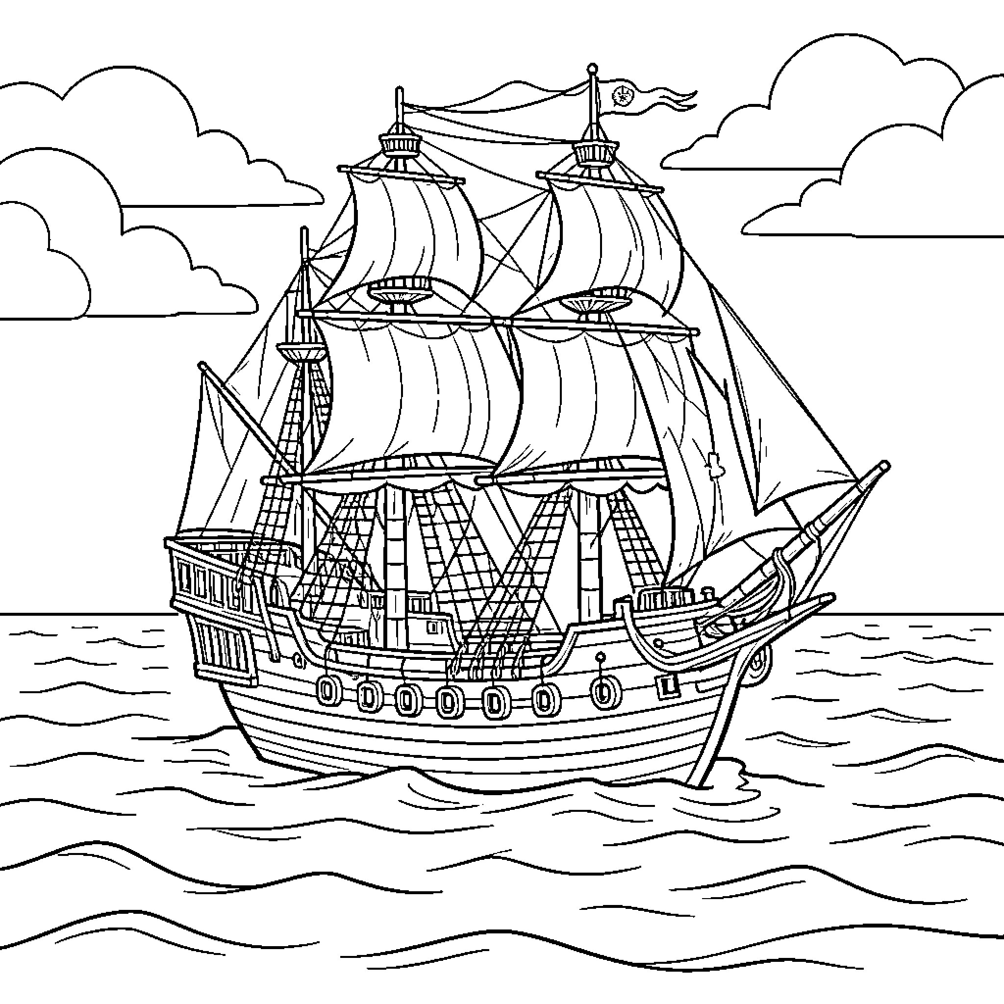 Pirate Ship sailing through wavy ocean waters Coloring Page (free black-and-white line drawing printable PDF for all, from beginners to advanced learners, including children, teens, adults, and seniors)