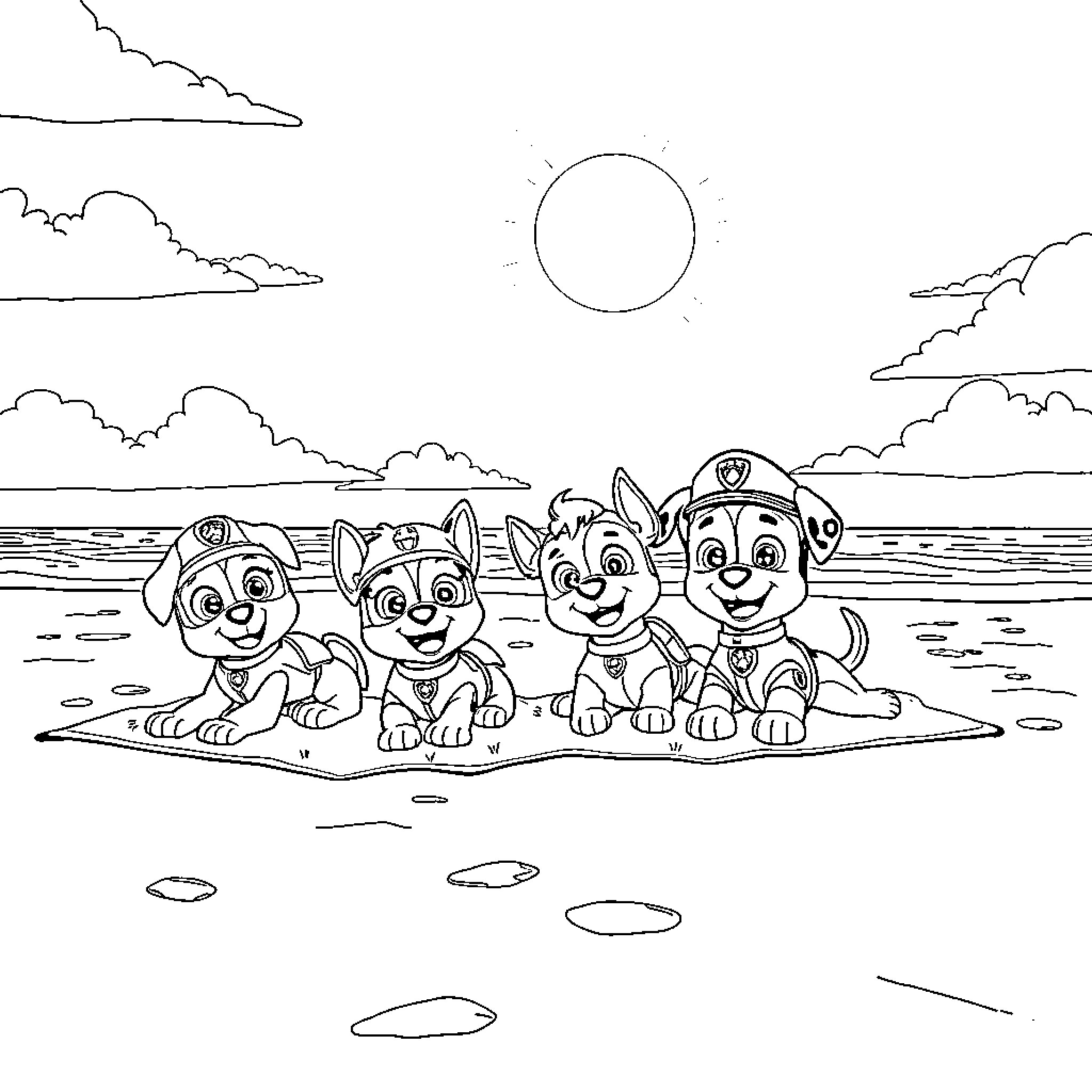 Paw Patrol Pups Enjoying the Sunny Day Coloring Page (free black-and-white line drawing printable PDF for all, from beginners to advanced learners, including children, teens, adults, and seniors)