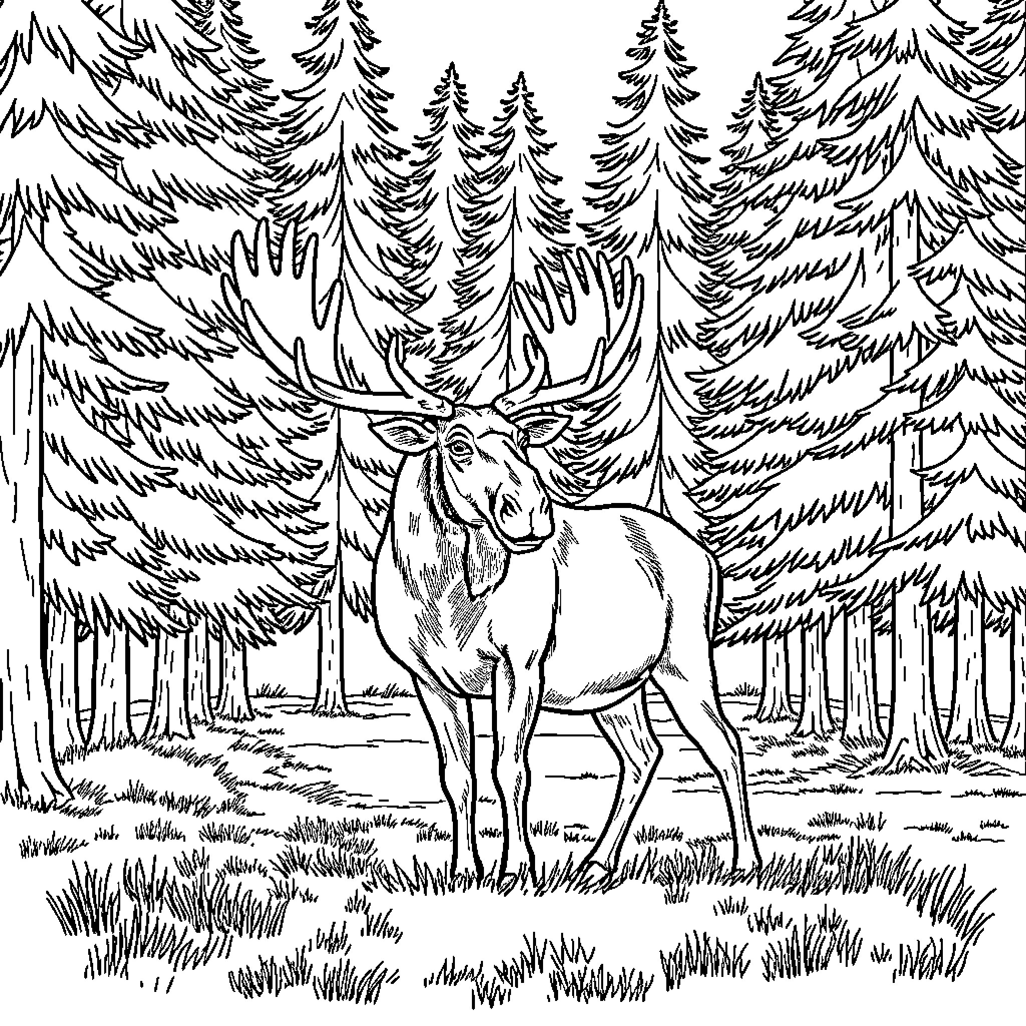 Moose standing majestic in forest landscape Coloring Page (free black-and-white line drawing printable PDF for all, from beginners to advanced learners, including children, teens, adults, and seniors)