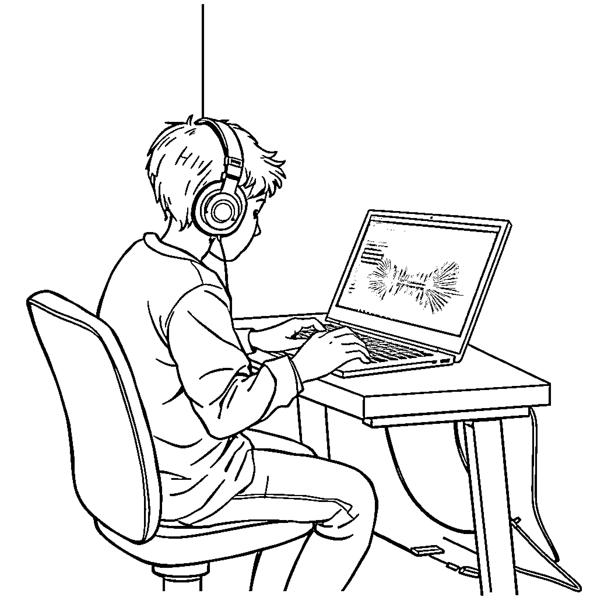 Student enjoying music while working on laptop Coloring Page (free black-and-white line drawing printable PDF for all, from beginners to advanced learners, including children, teens, adults, and seniors)