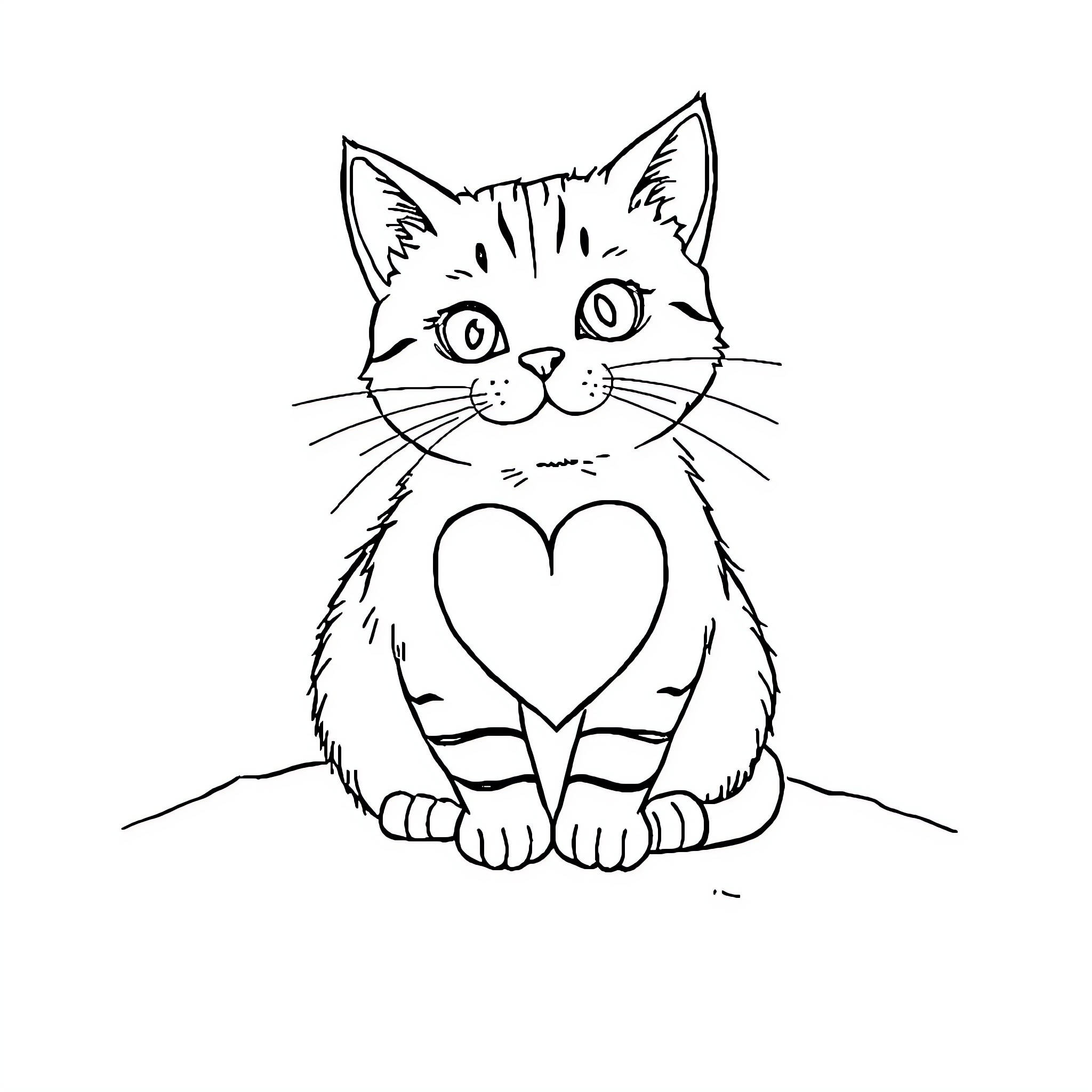 Cat with heart-shaped marking Coloring Page (free black-and-white line drawing printable PDF for all, from beginners to advanced learners, including children, teens, adults, and seniors)
