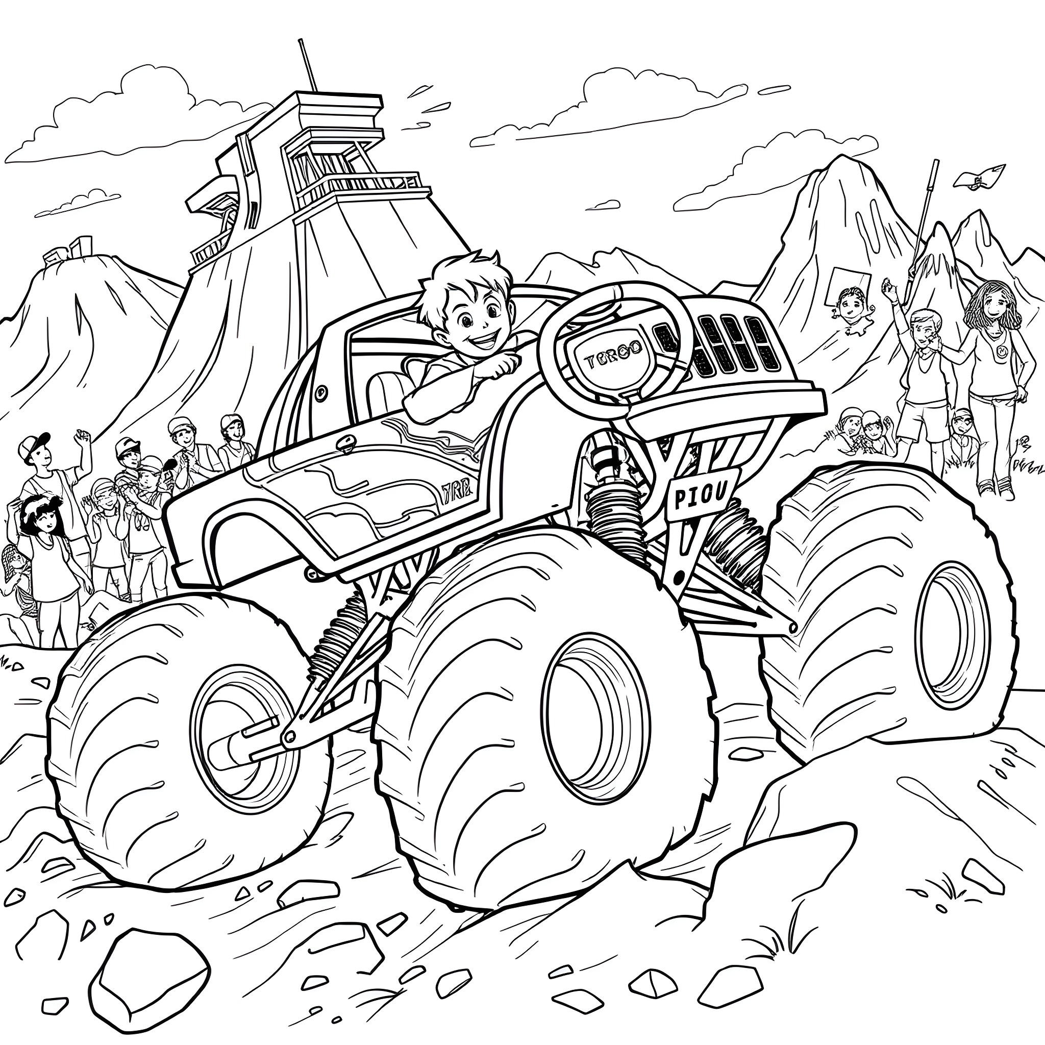 Monster Truck Crushing Obstacles in the Wilderness Coloring Page (free black-and-white line drawing printable PDF for all, from beginners to advanced learners, including children, teens, adults, and seniors)