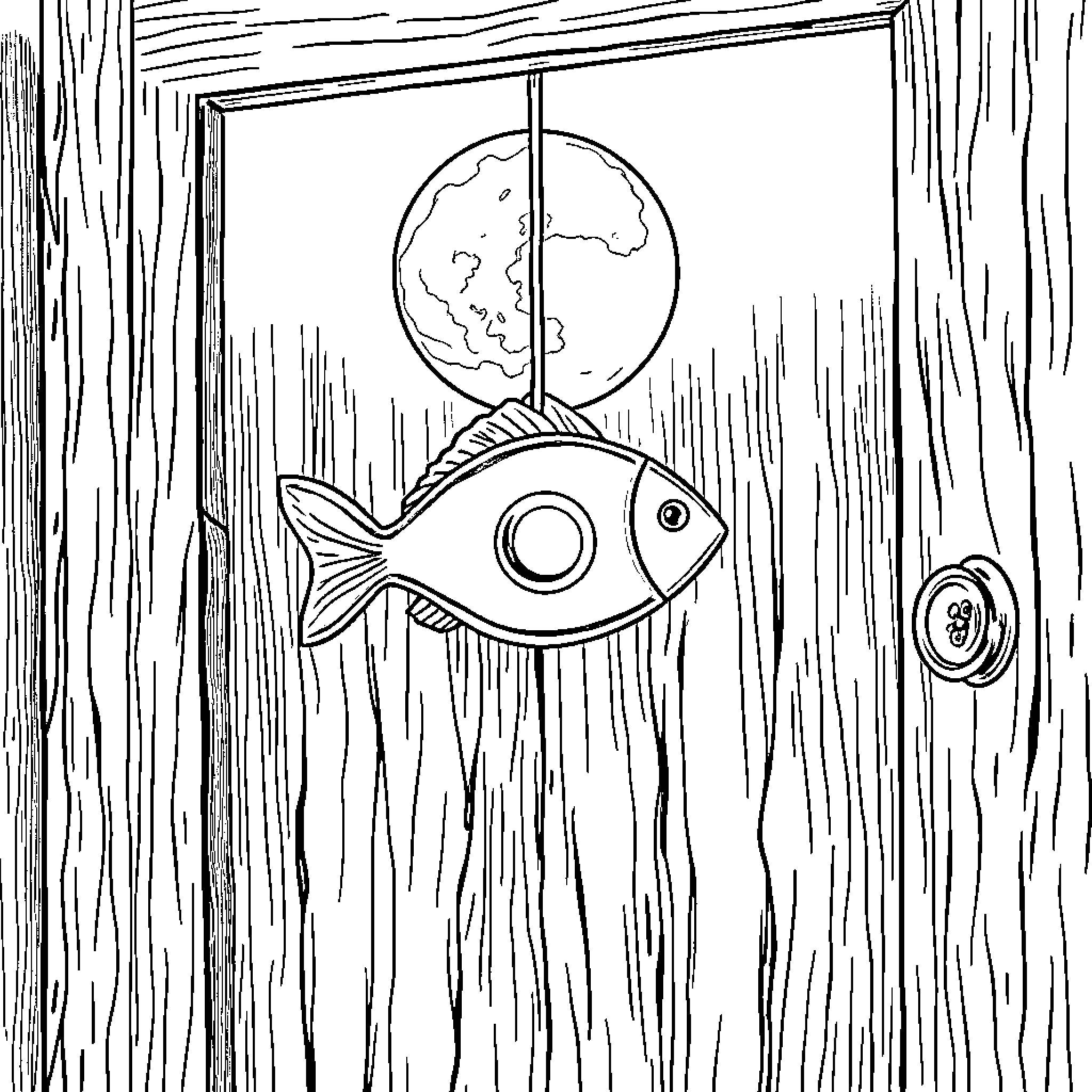 Fish looking through window at the moon Coloring Page (free black-and-white line drawing printable PDF for all, from beginners to advanced learners, including children, teens, adults, and seniors)