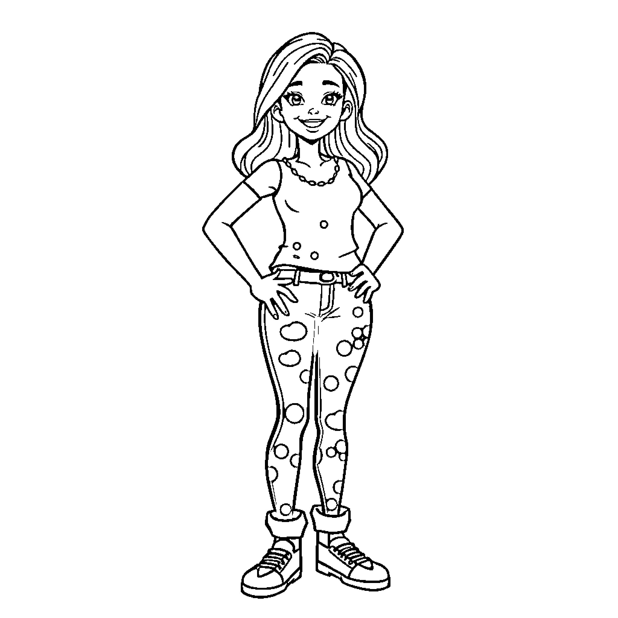 Jayme's Cheerful Outfit and Friendly Pose Coloring Page (free black-and-white line drawing printable PDF for all, from beginners to advanced learners, including children, teens, adults, and seniors)