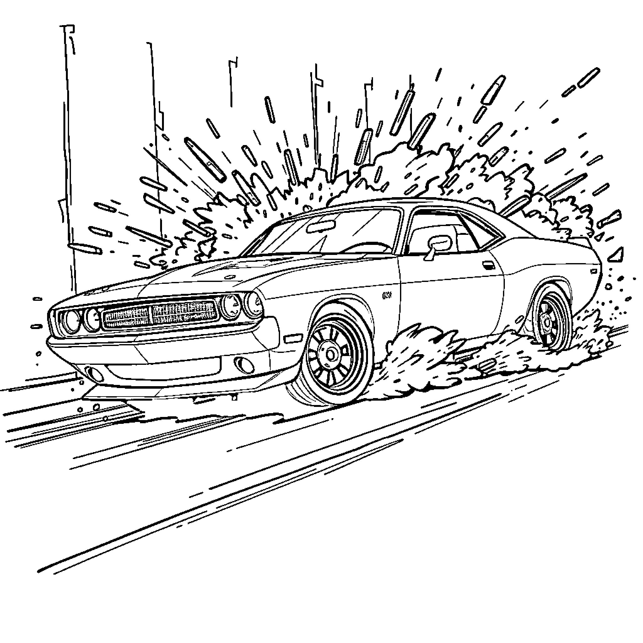 Muscle Car Speeding on the Road with Explosive Flair Coloring Page (free black-and-white line drawing printable PDF for all, from beginners to advanced learners, including children, teens, adults, and seniors)